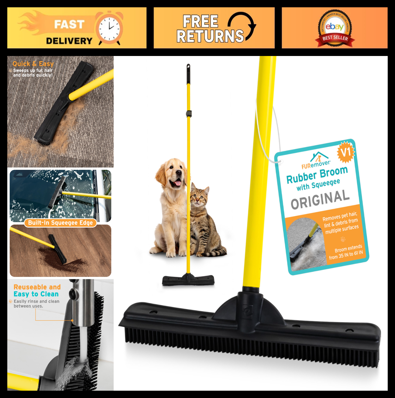 Pet Hair Removal Rubber Broom with 61" Telescopic Handle - Effective Fur Remover0
