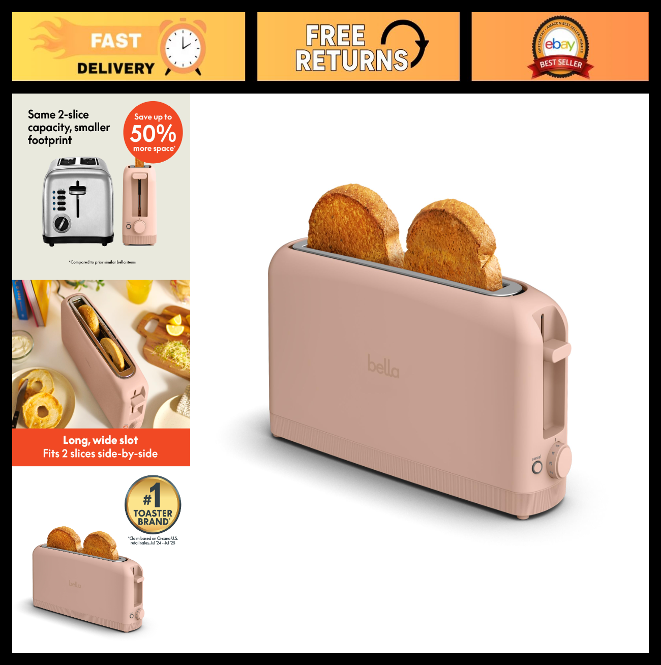 2 Slice Slim Toaster, Long Slot & Extra Wide, Compact Design, Kitchen Essential0