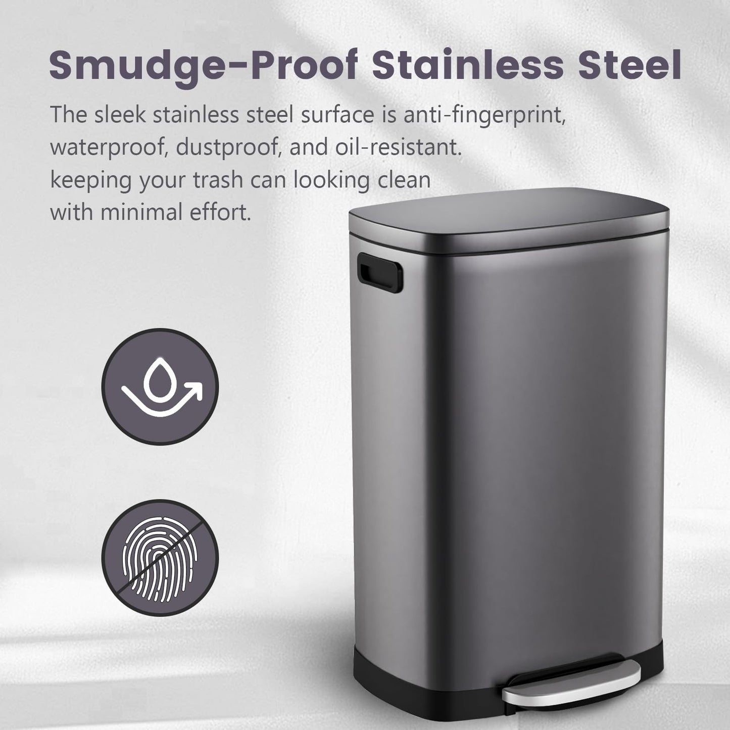 Stainless Steel 13 Gal Kitchen Trash Can with Soft Close Lid & Pedal | Fingerpri5