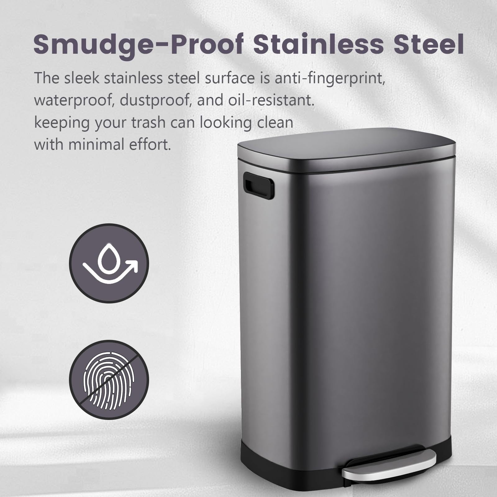 Stainless Steel 13 Gal Kitchen Trash Can with Soft Close Lid & Pedal | Fingerpri5