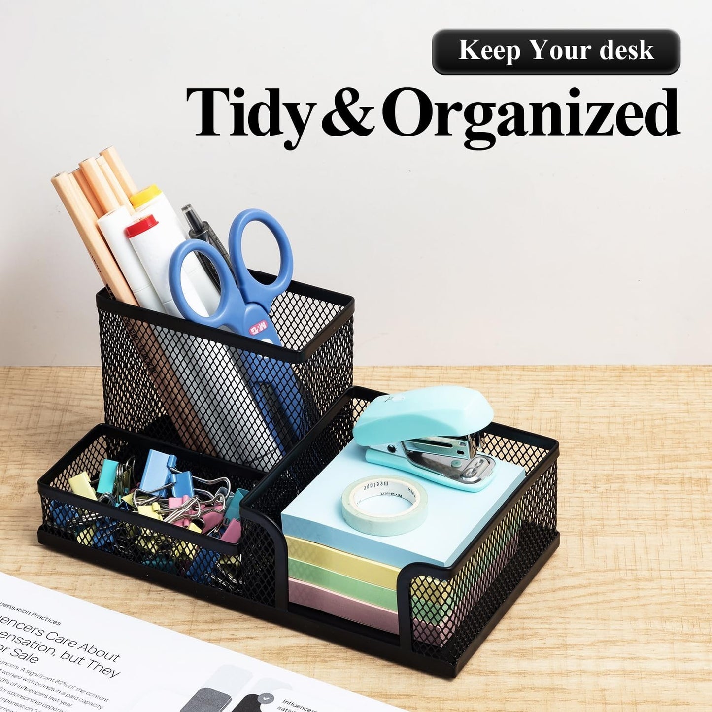 Mesh Pen Holder Desk Organizer   3 Compartment Metal Pencil Holder for Office &3