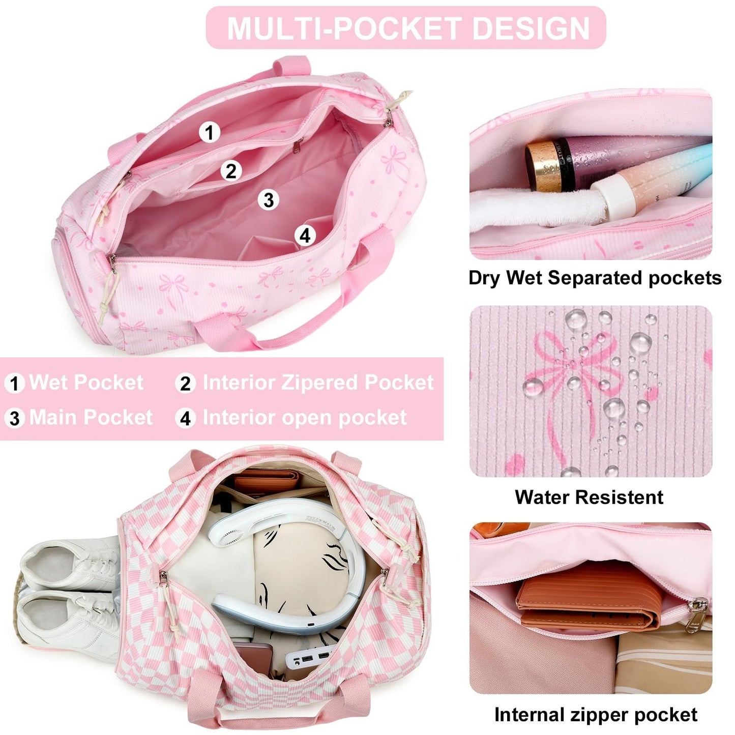 Cute Gym Duffle Bag for Girls - Waterproof Sports Overnight Bag with Shoe Compar3