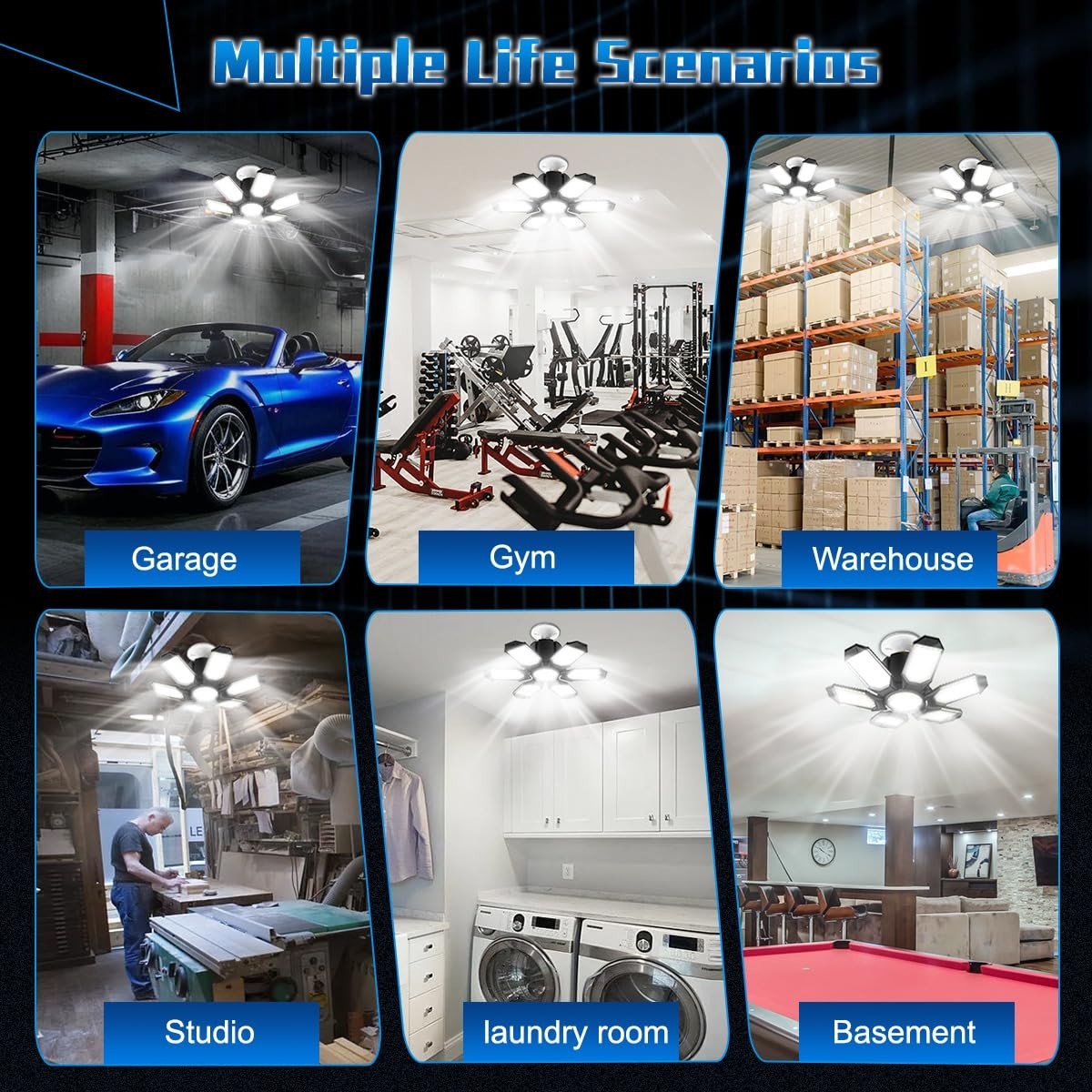 LED Garage Light Bulbs   6 Deformable Panels, 6500K Bright Shop Lights, E26 Base6
