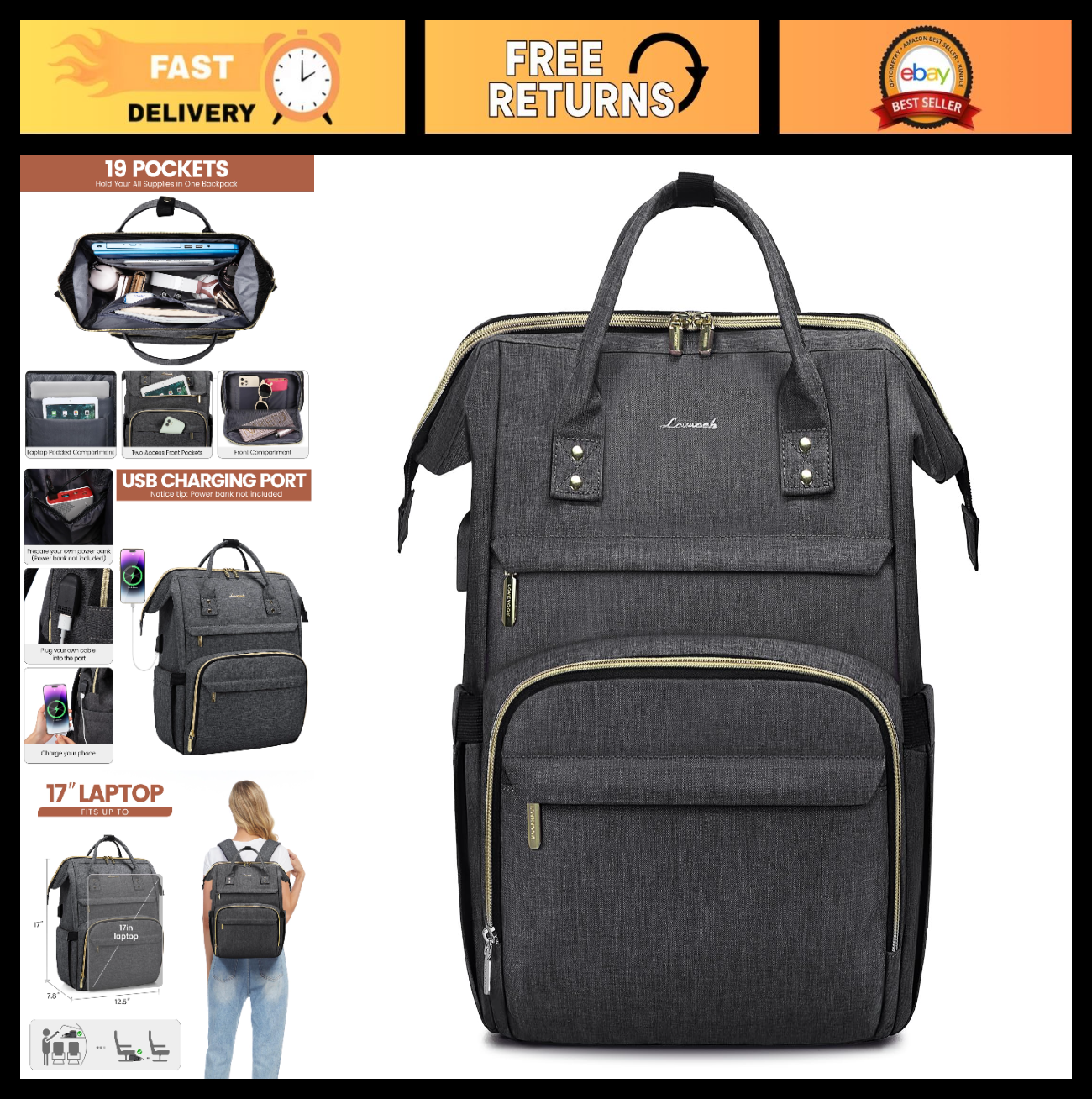 Stylish 17" Laptop Backpack for Women   Waterproof Travel Bag with USB Port, Ide0