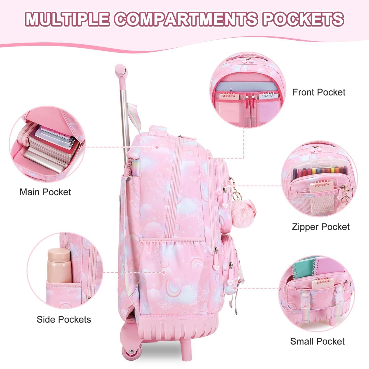 3PCS Girls Rainbow Butterfly Rolling Backpack Set with Lunch Box   Pink Travel B3