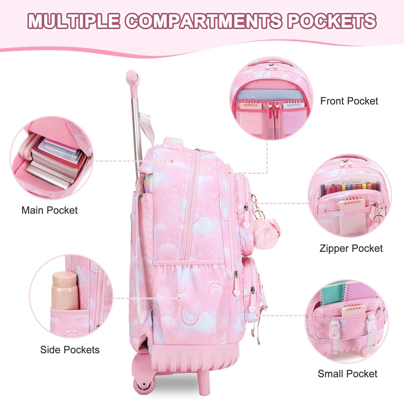 3PCS Girls Rainbow Butterfly Rolling Backpack Set with Lunch Box   Pink Travel B3