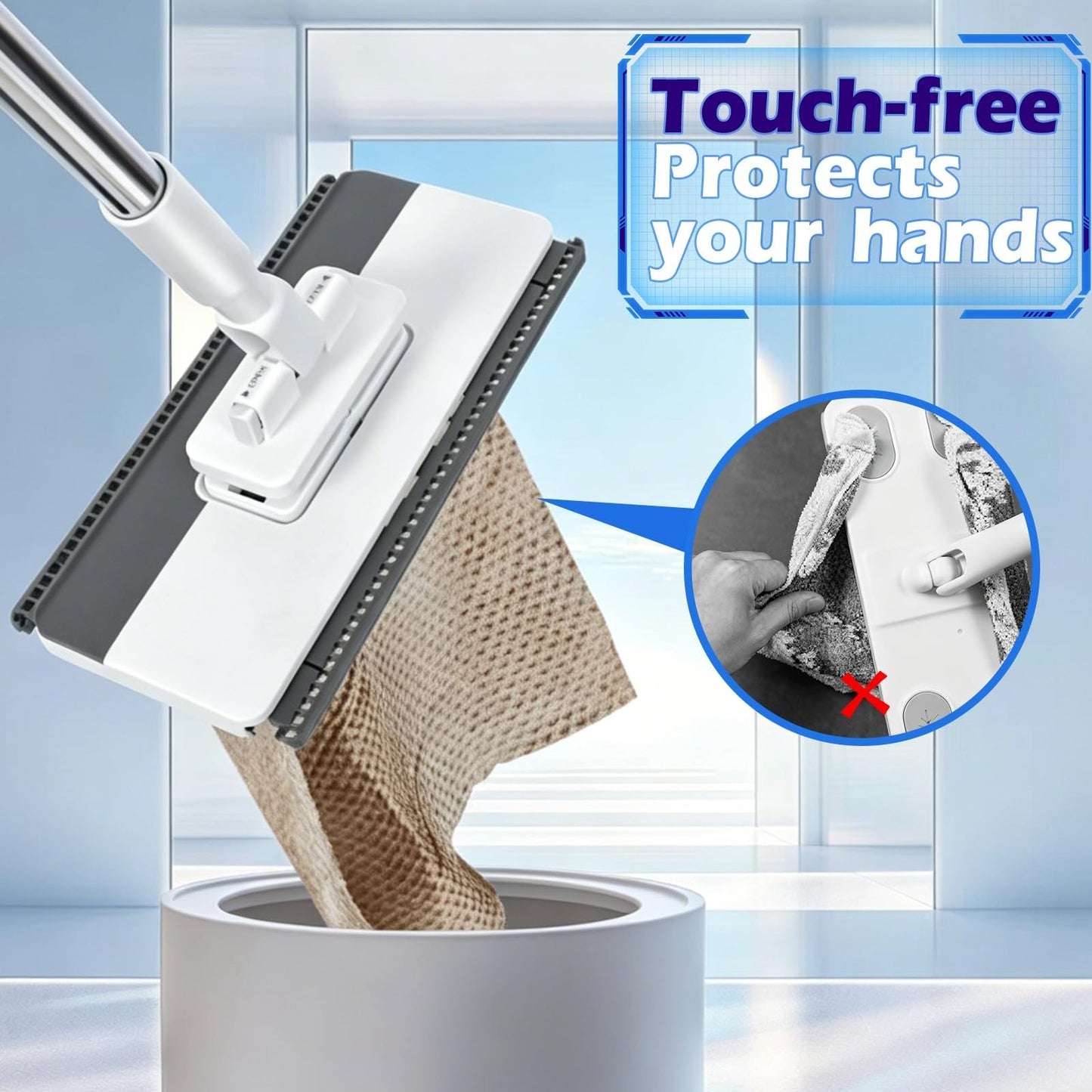 51" Hands-Free Flat Mop with Stainless Steel Handle - Snap Grip Design for Easy4