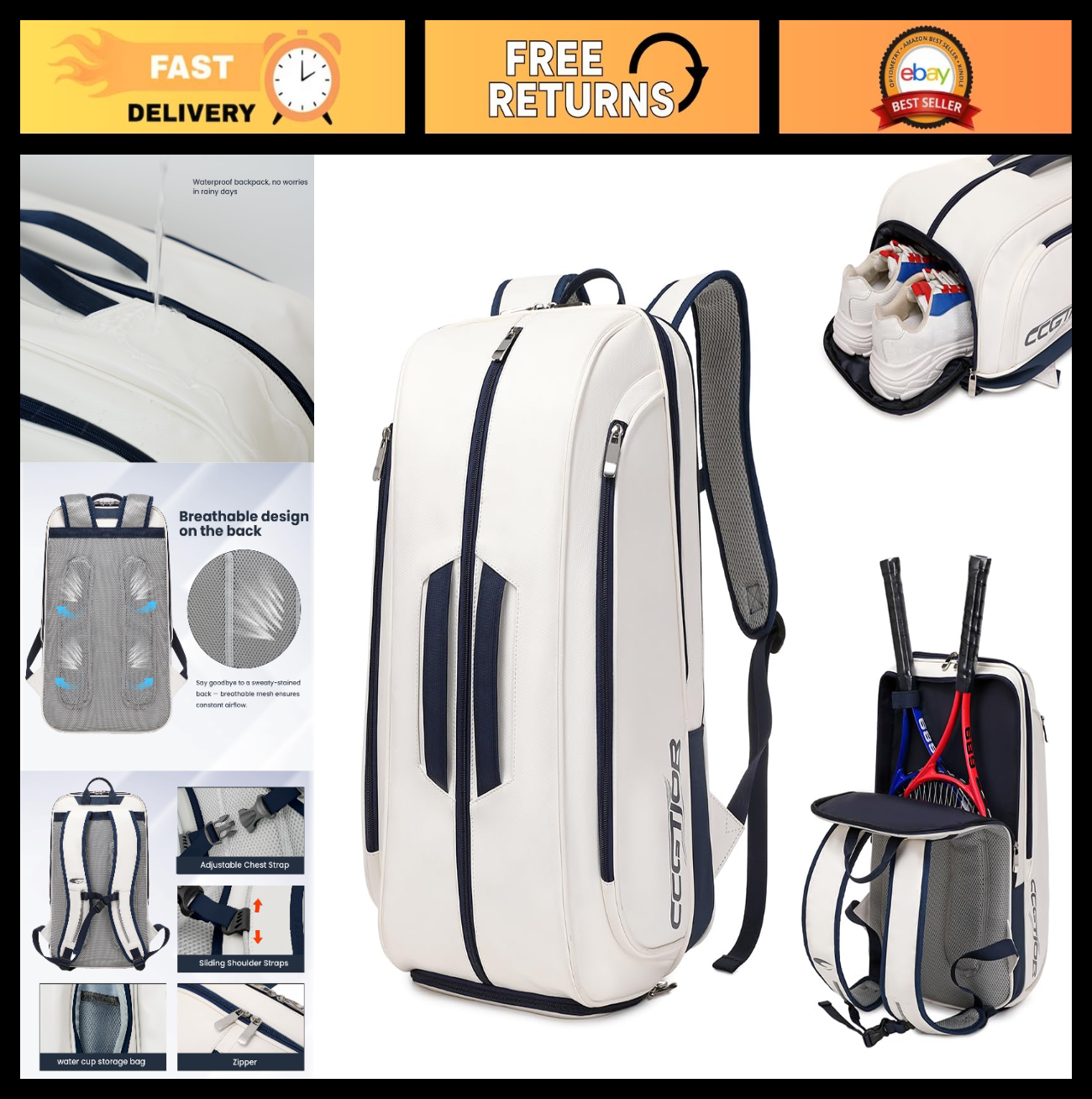 Multi-Compartment Tennis & Pickleball Backpack with Shoe Holder, Laptop Sleeve0