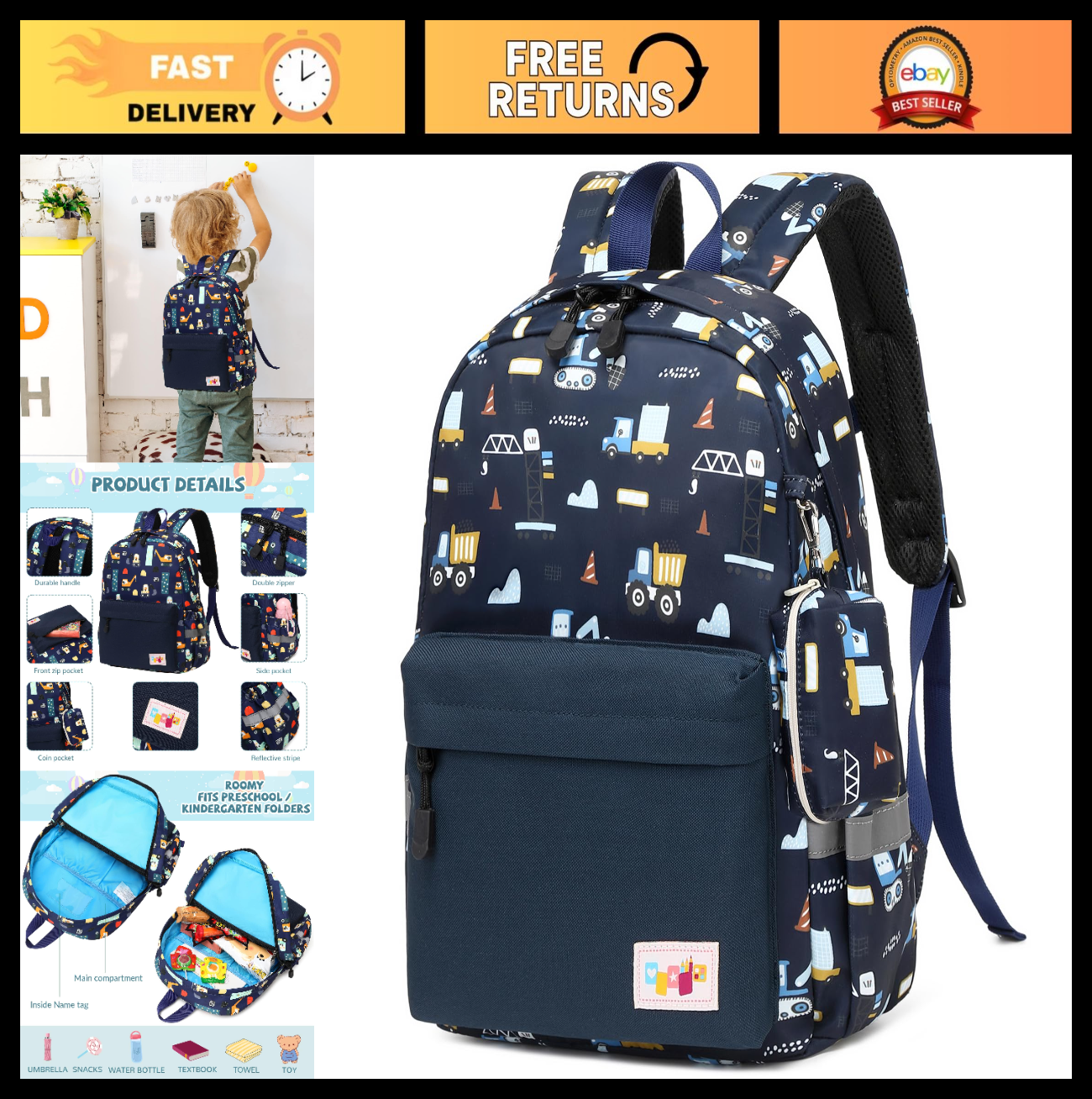 Kids Toddler Backpack with Chest Strap   Durable, Lightweight, Cute Design for B0