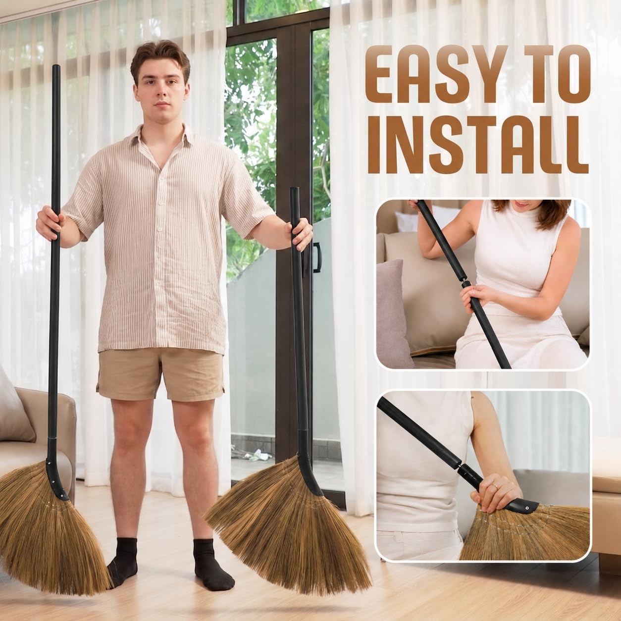 Soft Vietnamese Straw Broom - 56.69" Long Handle Indoor/Outdoor Sweeping Tool fo4