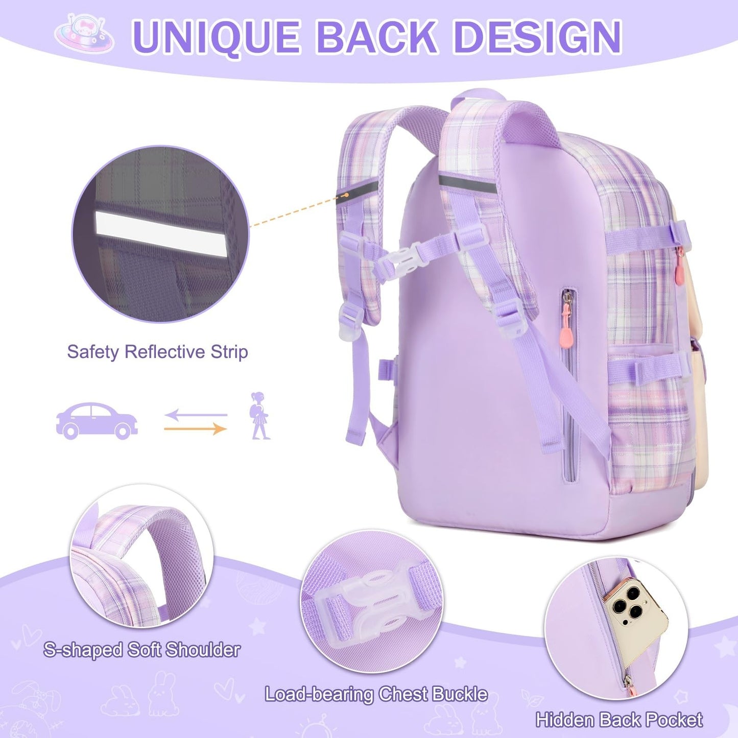 3PCS Kawaii Bunny Girls Backpack Set   School Bag, Lunch Box & Pencil Case   Pur4