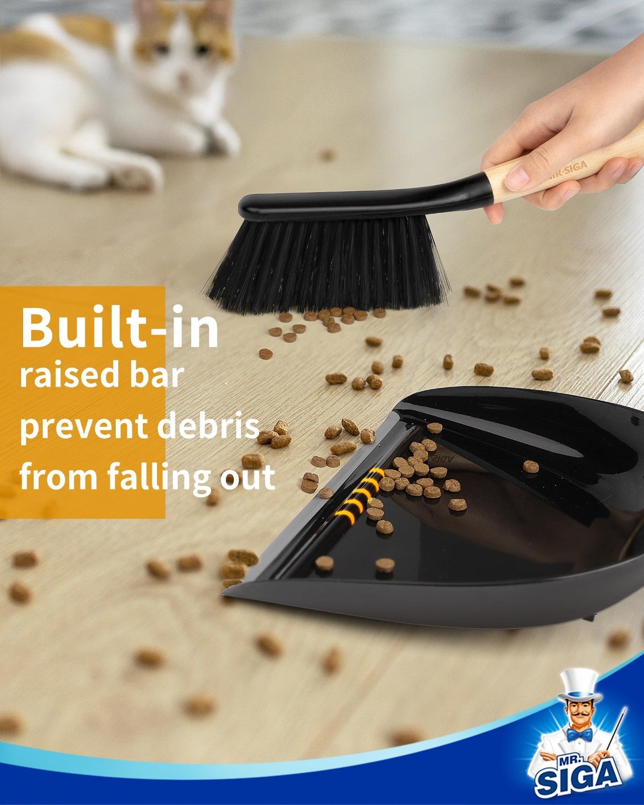 Dustpan and Brush Set - Bamboo Handle, Handheld Combo with Hanging Loop, Small B4