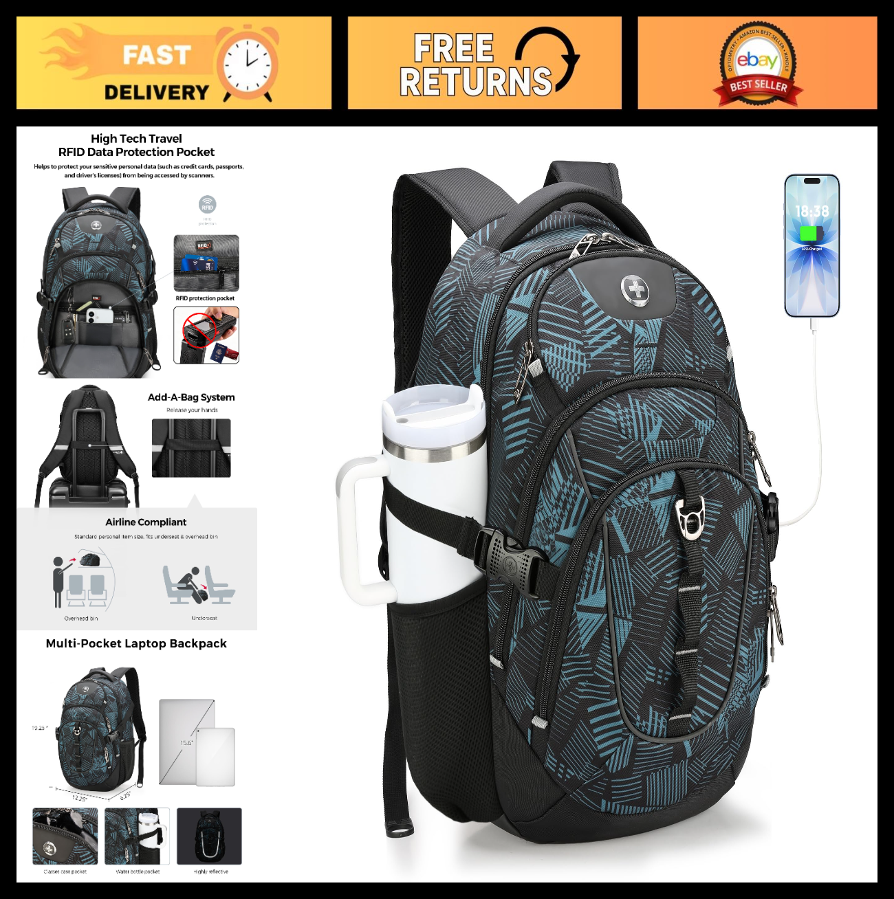 Travel Laptop Backpack with USB Charging Port, Fits 15.6" Computer, 31L, Dark Gr0