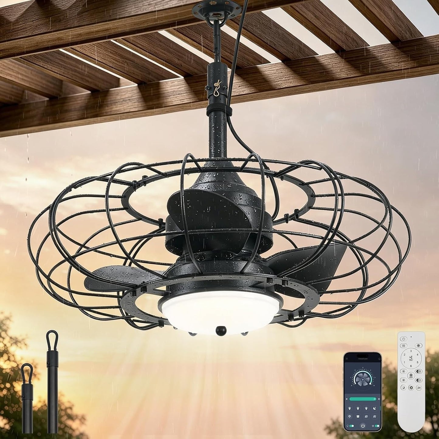 20" Black Outdoor Ceiling Fan with Light & Remote, 6 Speed Waterproof Patio Fan1