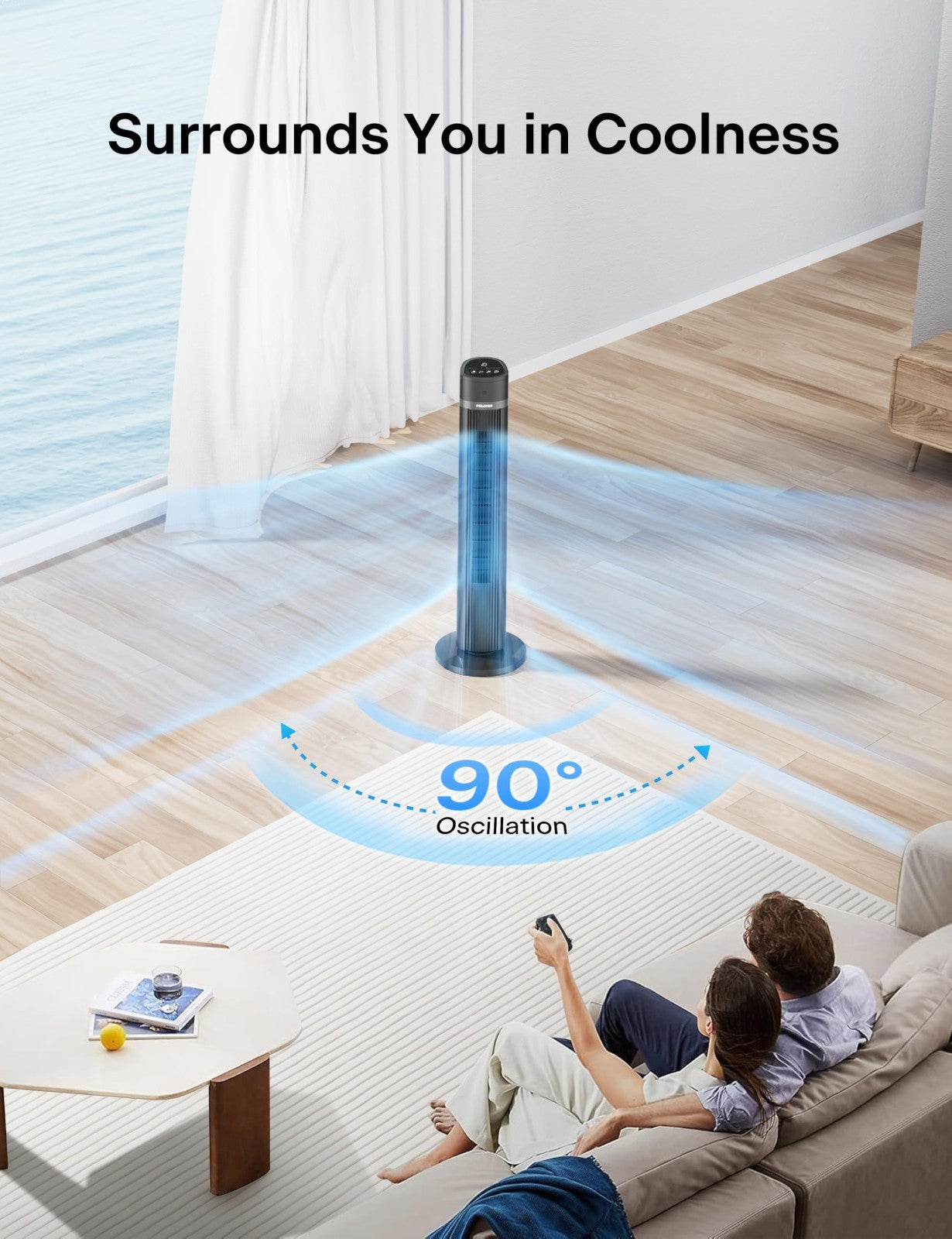 Bladeless Tower Fan 40" for Bedroom, Remote Control, 90° Oscillation, 3 Speeds,4