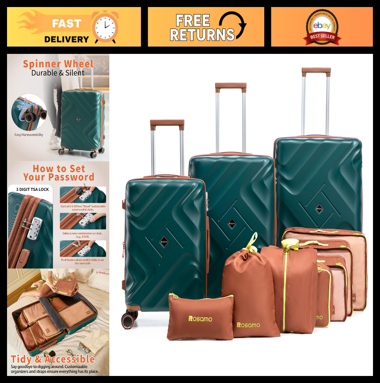 10-Piece Expandable Luggage Set, Airline Approved Carry-On, Hard Case Suitcases,0