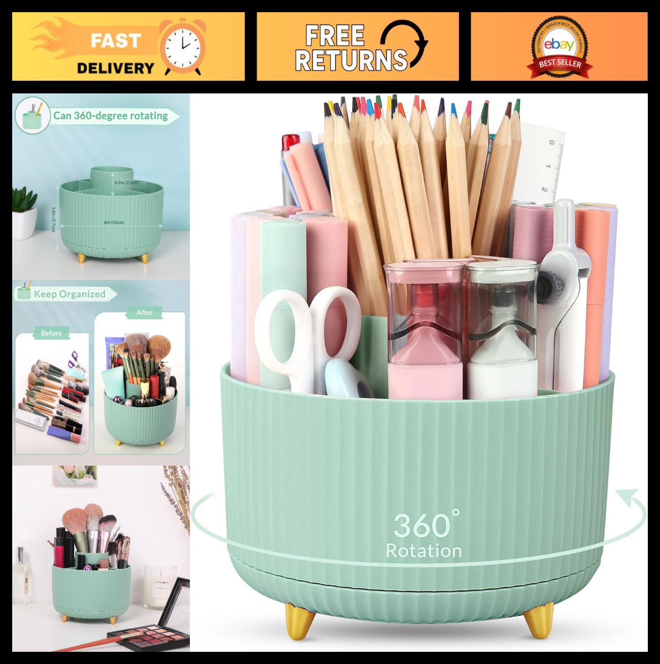 360° Rotating Desk Organizer   Dual Purpose Pencil Holder, 5 Slot Cup for Home,0