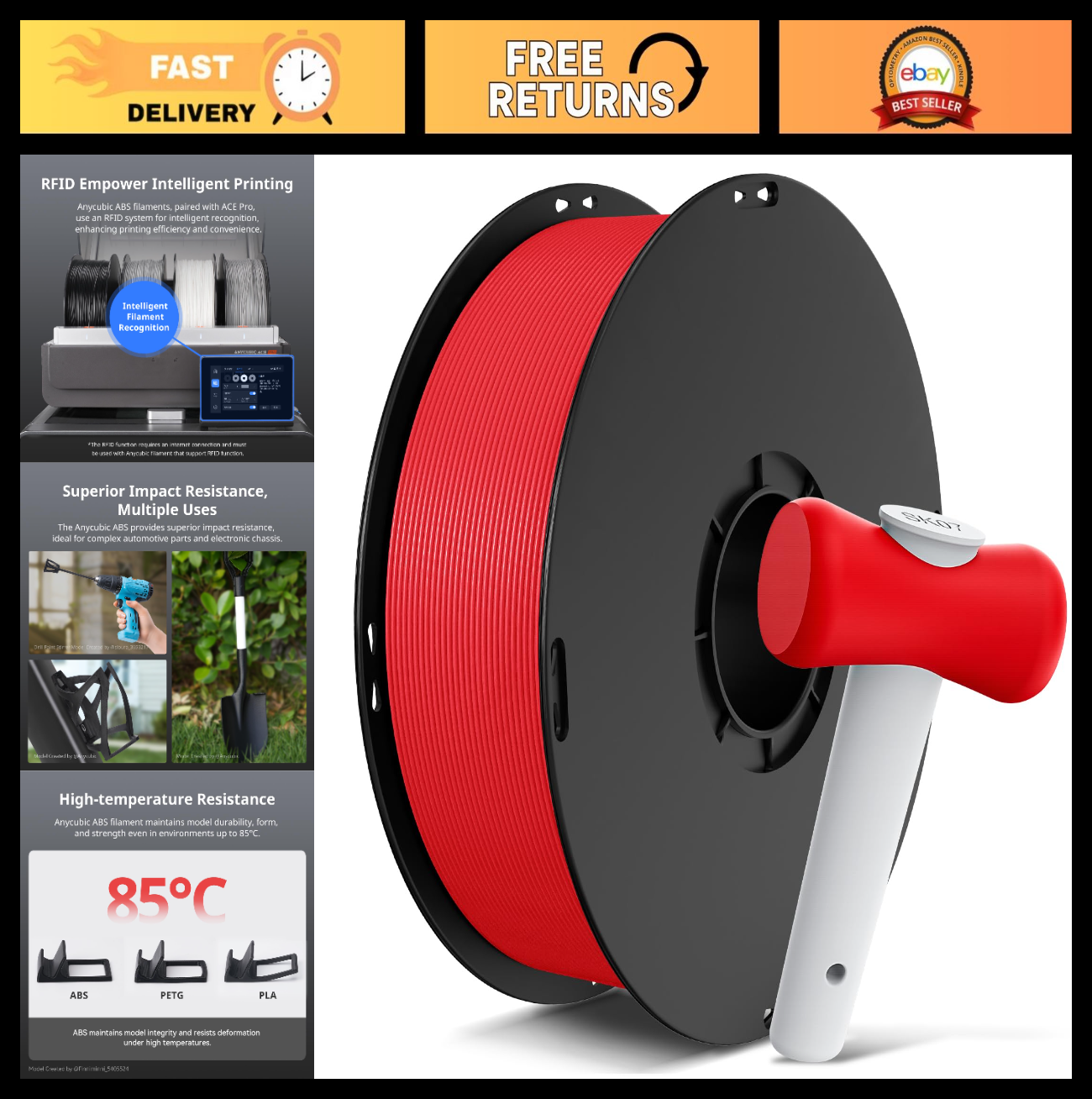 High Strength 1.75mm ABS 3D Printer Filament, Tough & Accurate, 1KG Red Spool0
