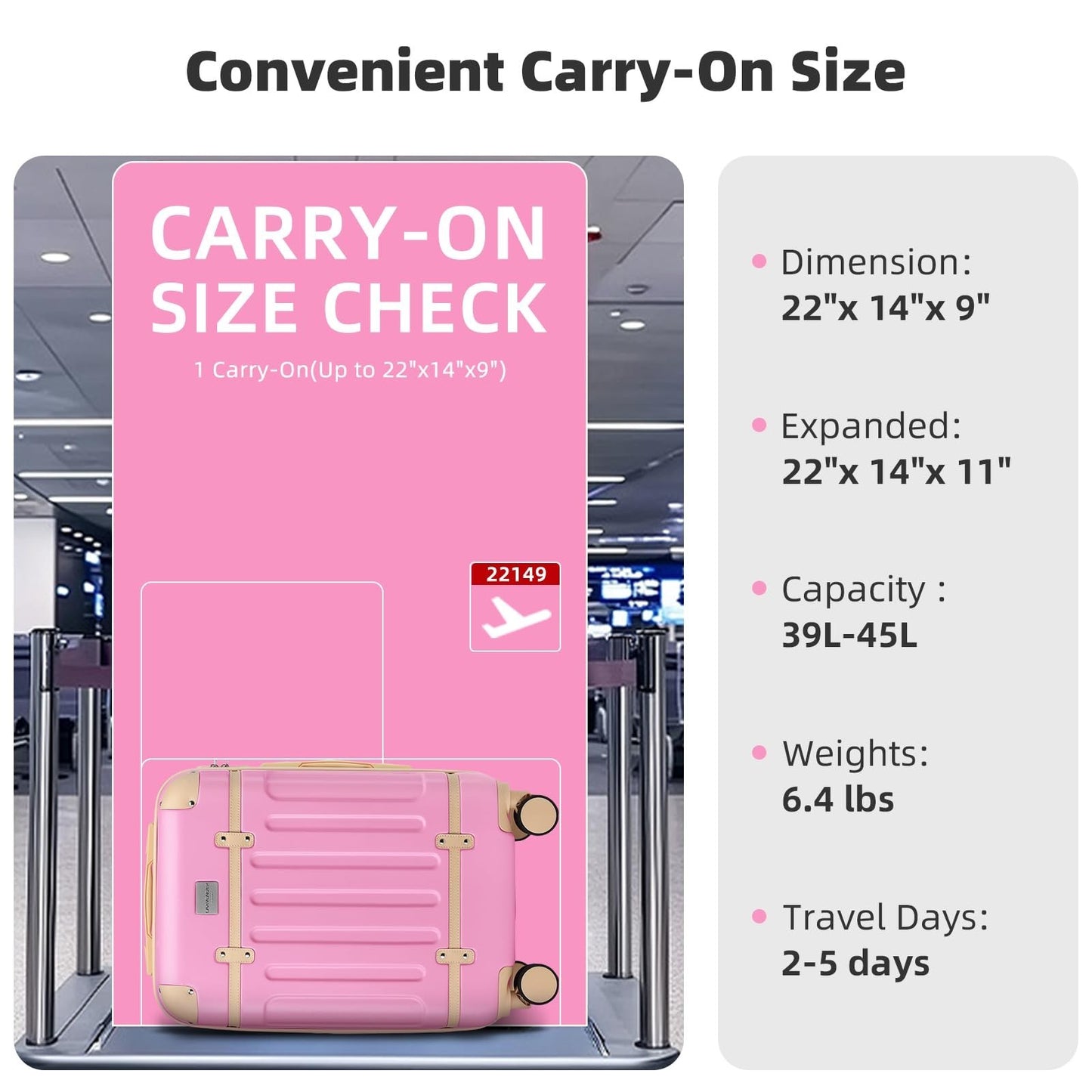 Expandable Carry-On Luggage 22x14x9, Lightweight ABS Hardshell, TSA Lock, 360° S3