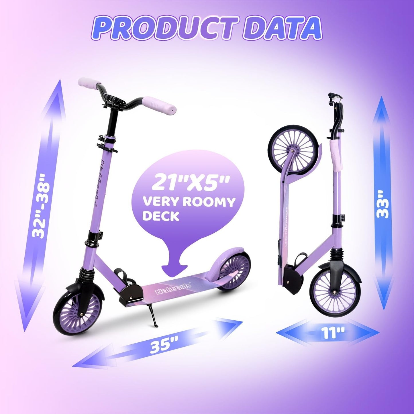 Adjustable Height Kick Scooter for Kids & Adults, 240 LBS Max Load, Foldable, 8"5