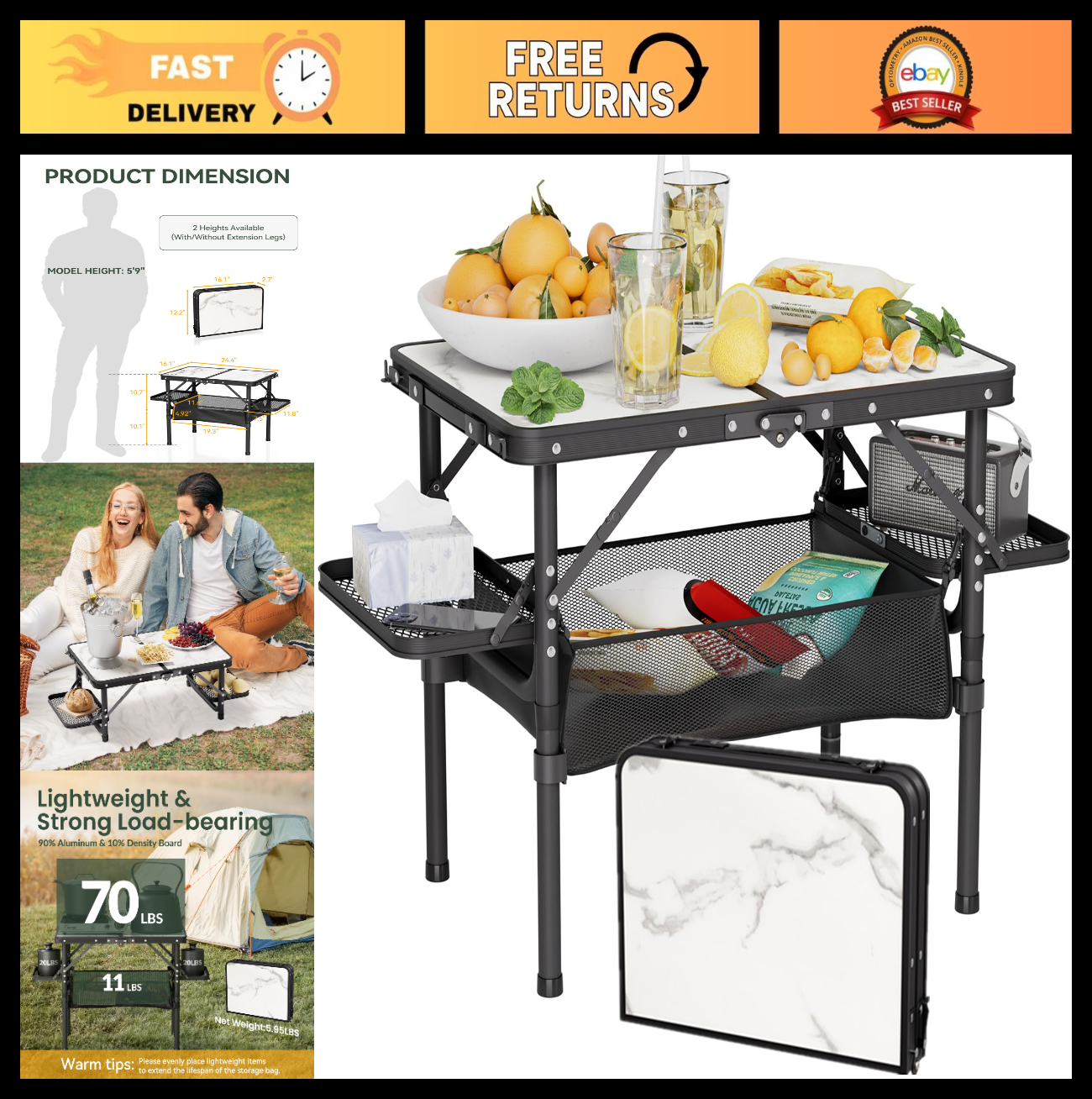 Compact Folding Camping Table 2ft with Storage Bag & Side Racks - Lightweight &0