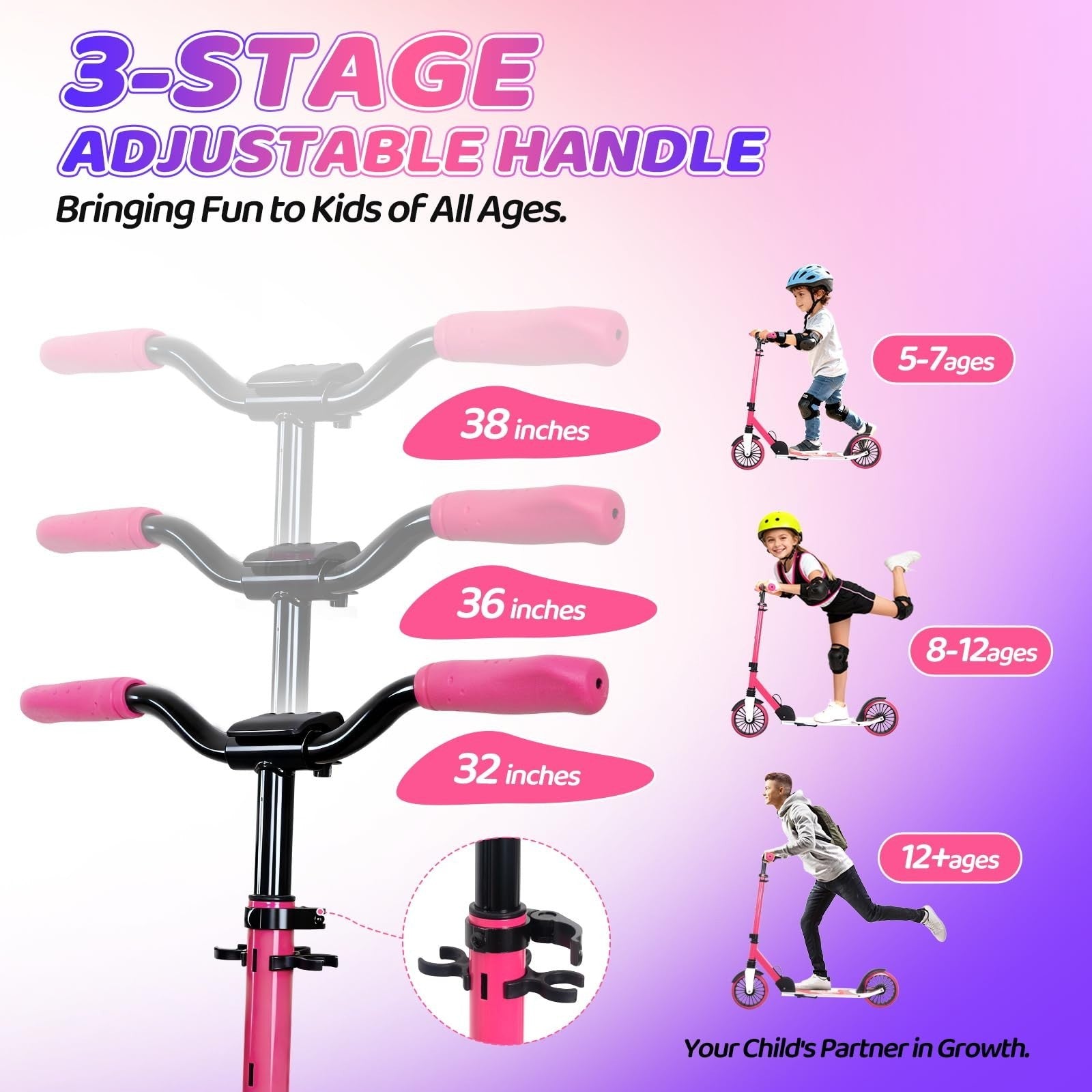 Adjustable Kick Scooter for Kids & Teens, Max Load 240 LBS, Foldable, 8" Wheels,6