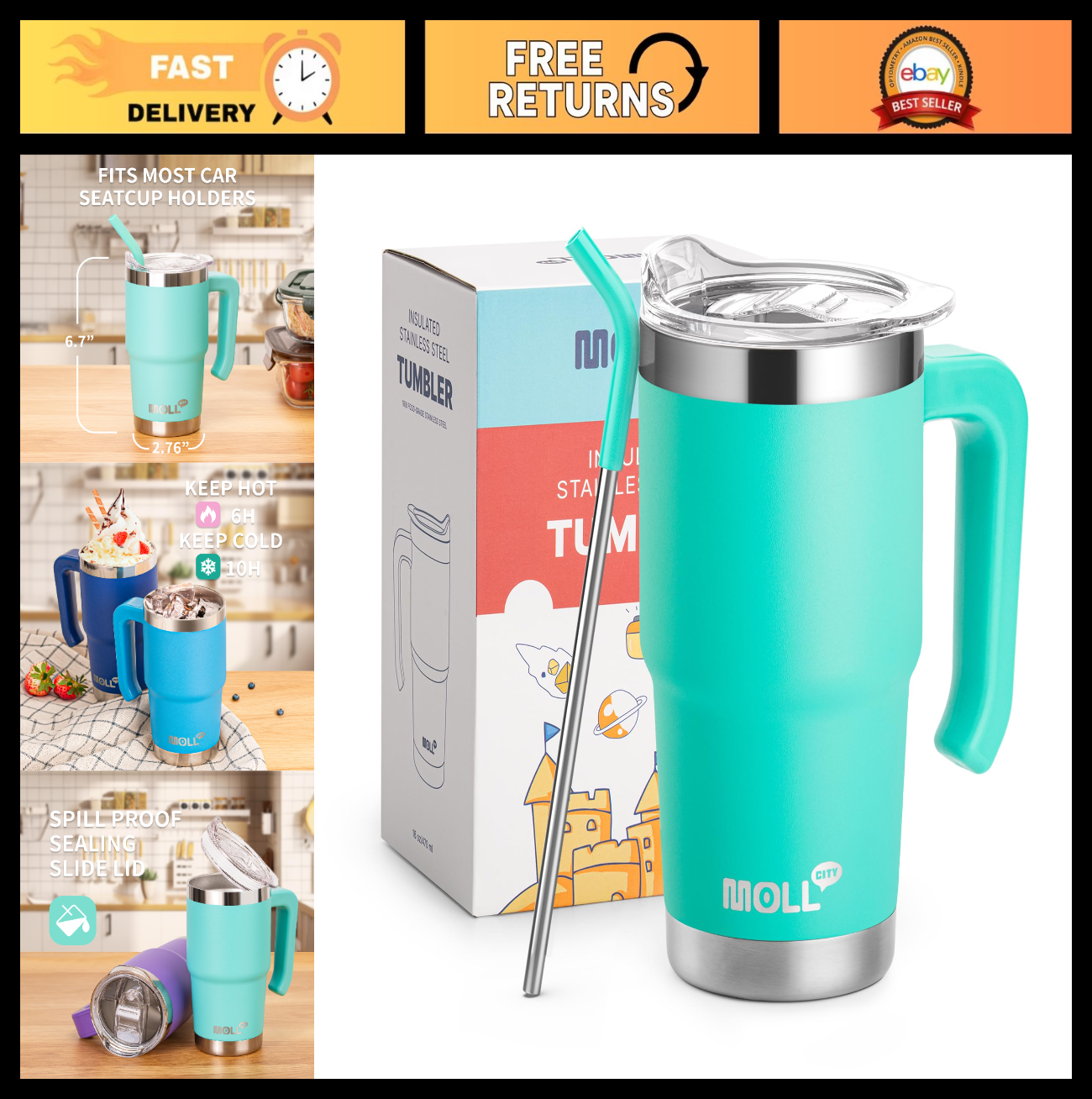 Optimized eBay Title:  16 oz Stainless Steel Insulated Tumbler with Lid & Straw0