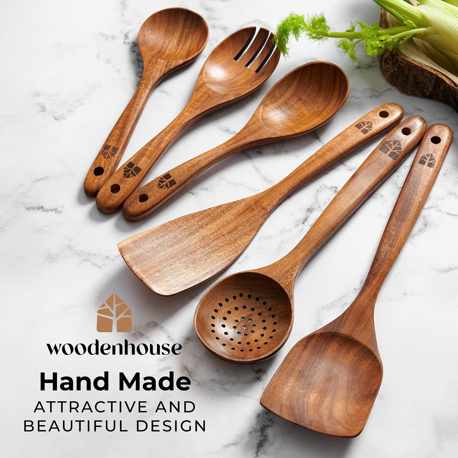 Wooden Cooking Spoons Set   Teak Utensils, Comfortable Grip, Non Stick, Food Saf5