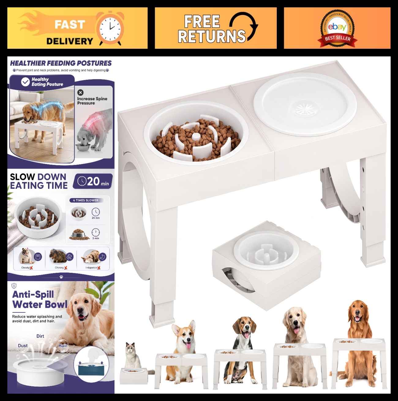 Elevated Dog Bowls for Large Breeds   Adjustable Height Slow Feeder Stand 9 14in0
