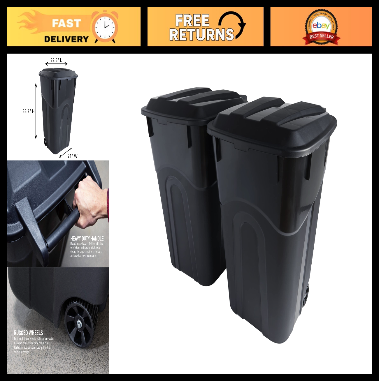 32 Gallon Wheeled Outdoor Trash Can with Snap Lock Lid & Heavy-Duty Handles - 20