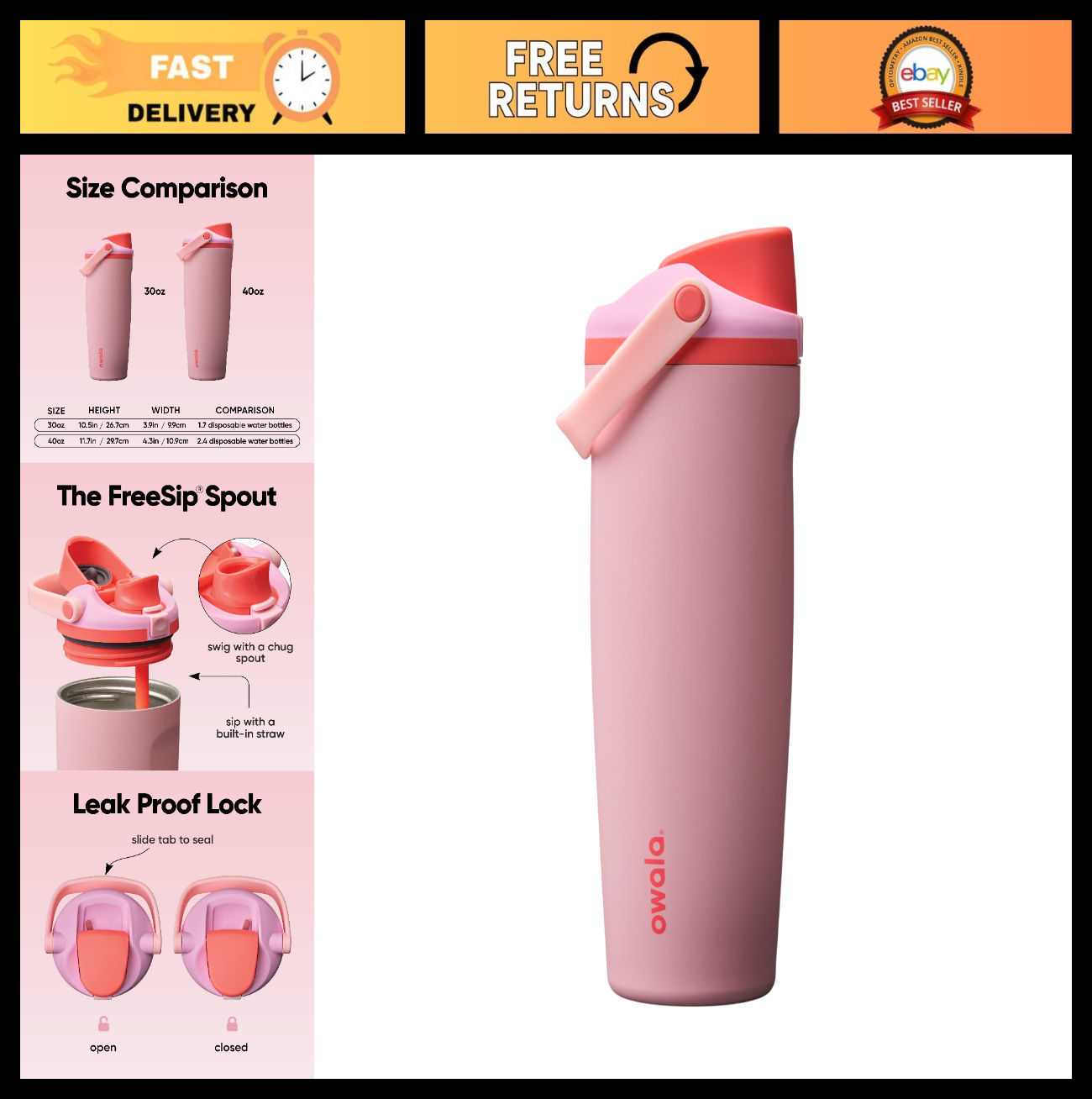 Insulated Stainless Steel Water Bottle 30oz   Two Way Spout, Built In Straw, Lea0
