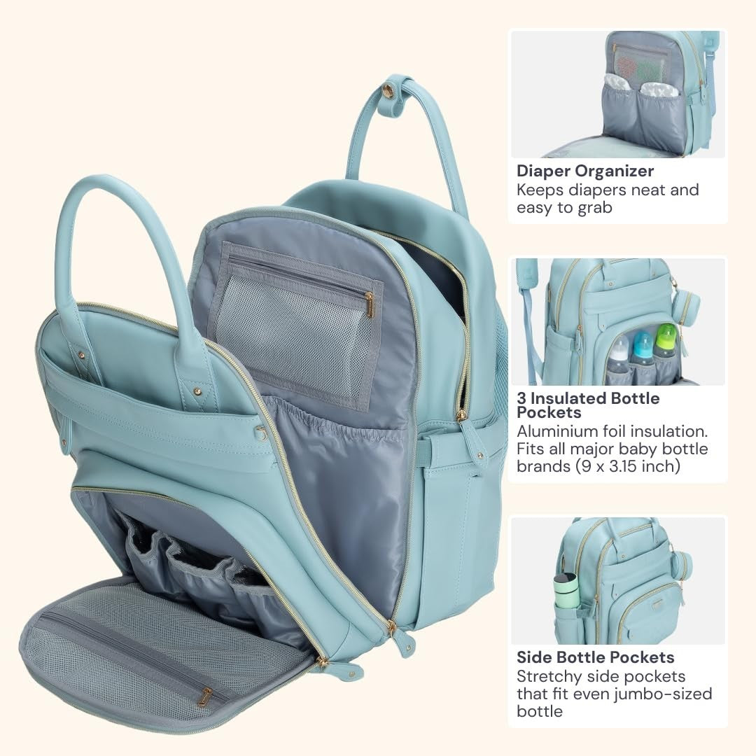 Multi Function Leather Diaper Bag Backpack   Water Resistant, Changing Pad, Stro5
