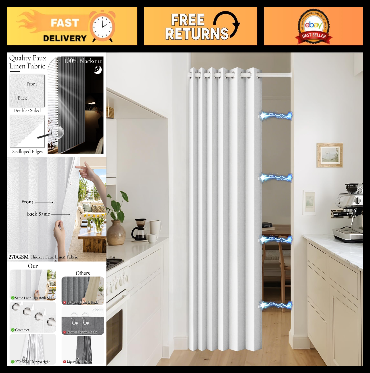 100% Blackout Magnetic Closure Door Curtain   W52 x L78, Greyish White, Ideal fo0