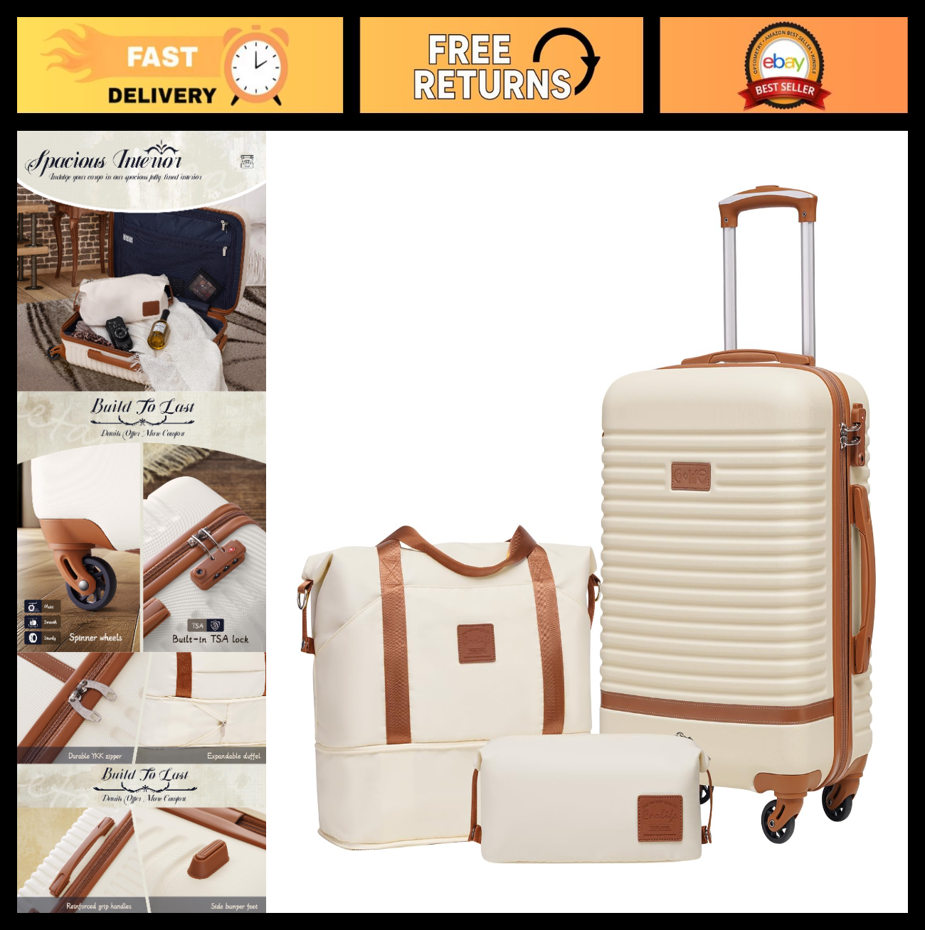 3-Piece White Luggage Set - Carry-On Suitcase with 360° Spinner Wheels, Trolley0