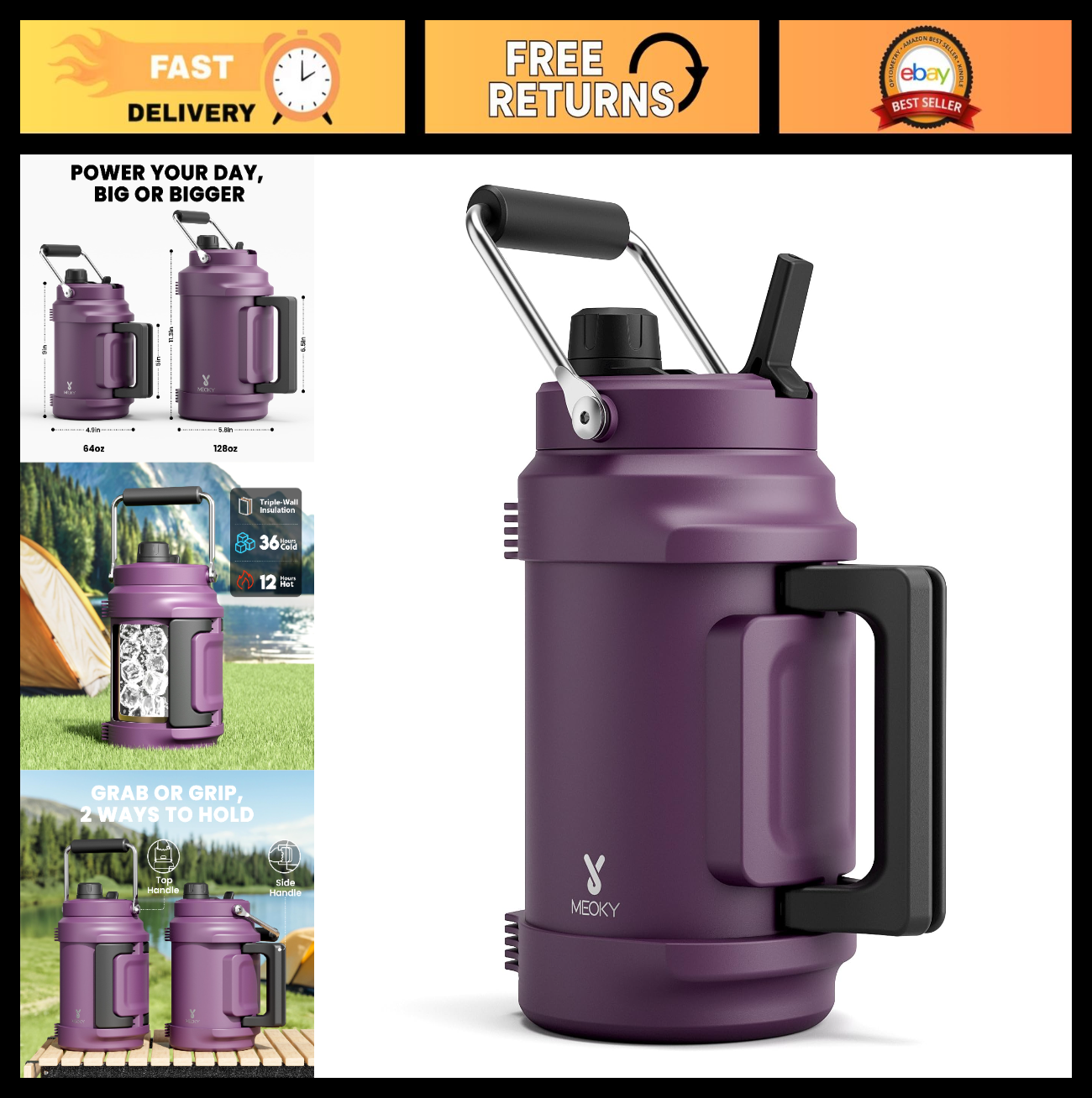 64 oz Insulated Water Bottle - Triple Wall Vacuum Stainless Steel Jug, 2-in-1 Li0