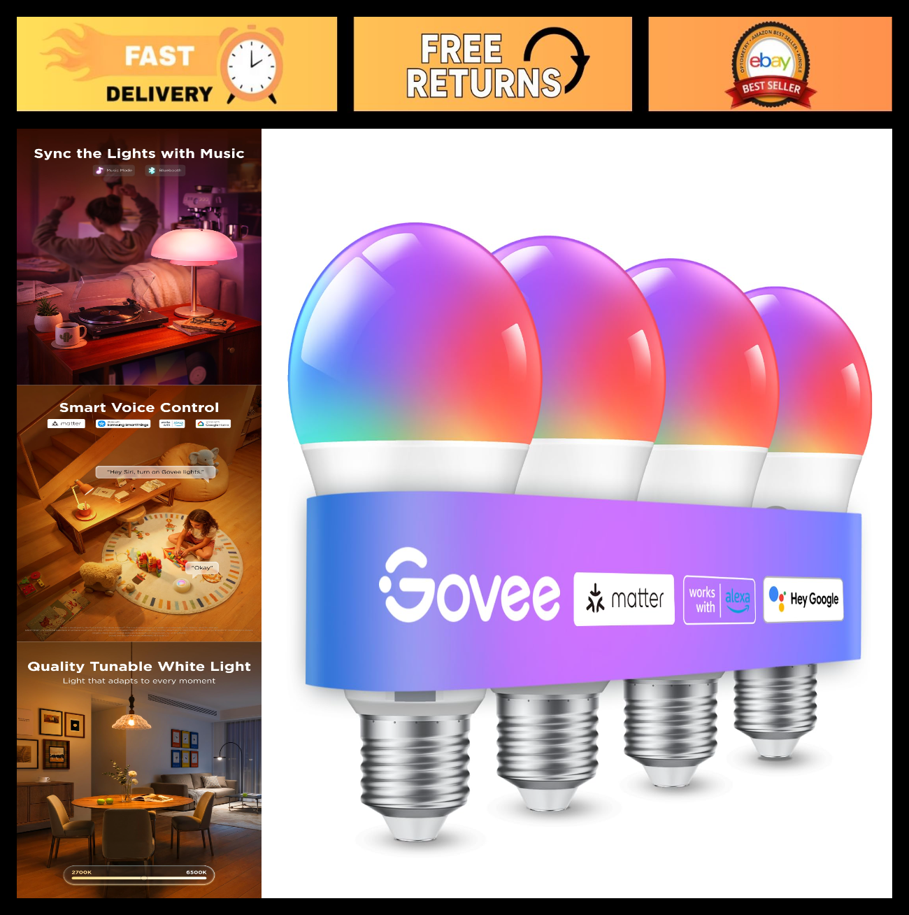 Color Changing Smart LED Light Bulbs, 800 LM, E26 Base, WiFi & Bluetooth, 16 Mil0