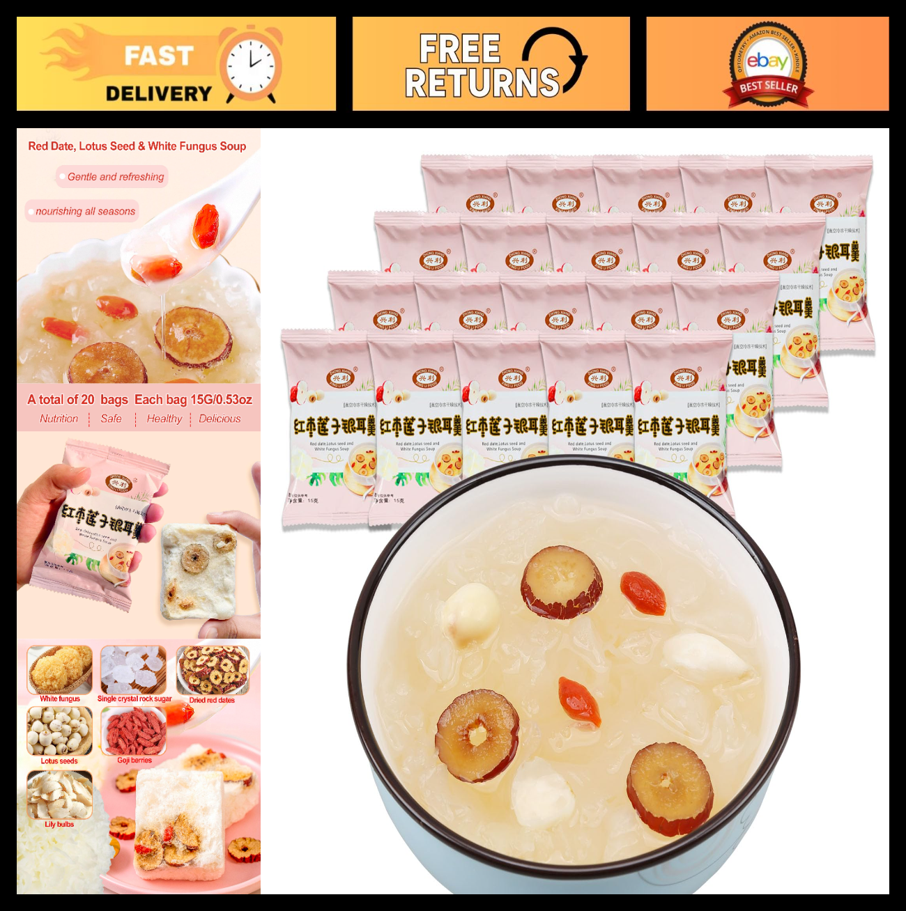 20 Bags Freeze-Dried White Fungus Soup with Goji Berries & Red Dates - Healthy D0