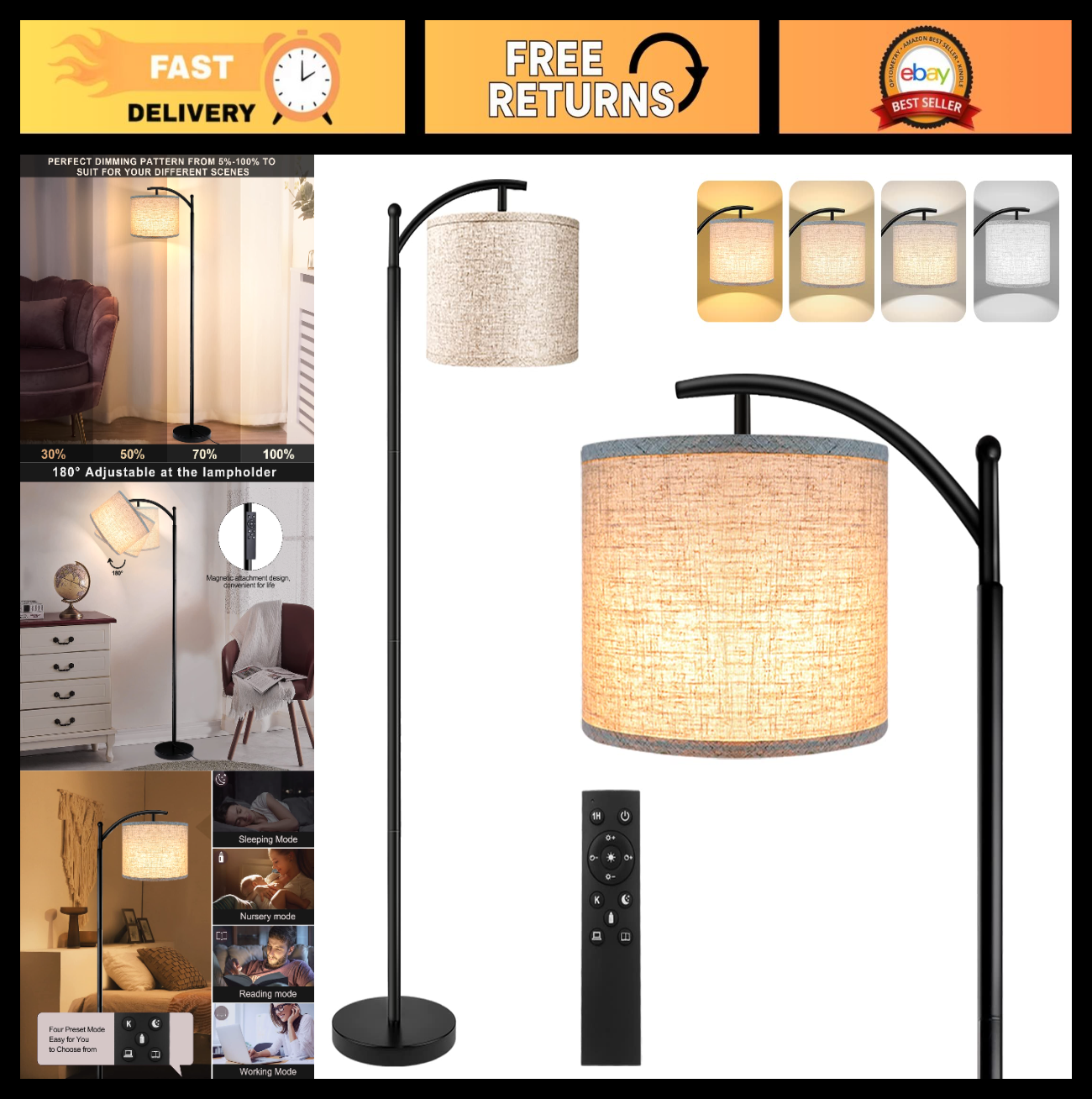 Modern LED Floor Lamp with Remote & Foot Switch, 4 Color Temperatures, Black0