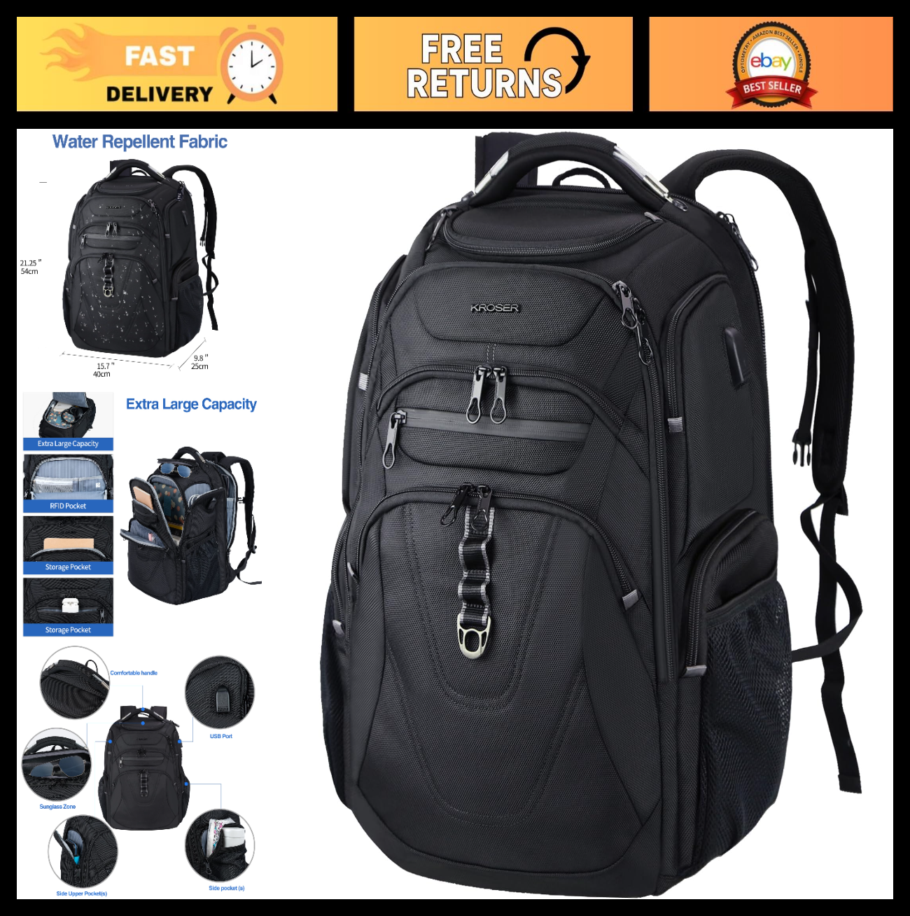 Water Repellent 18.4" Gaming Laptop Backpack, TSA Friendly College Daypack with0