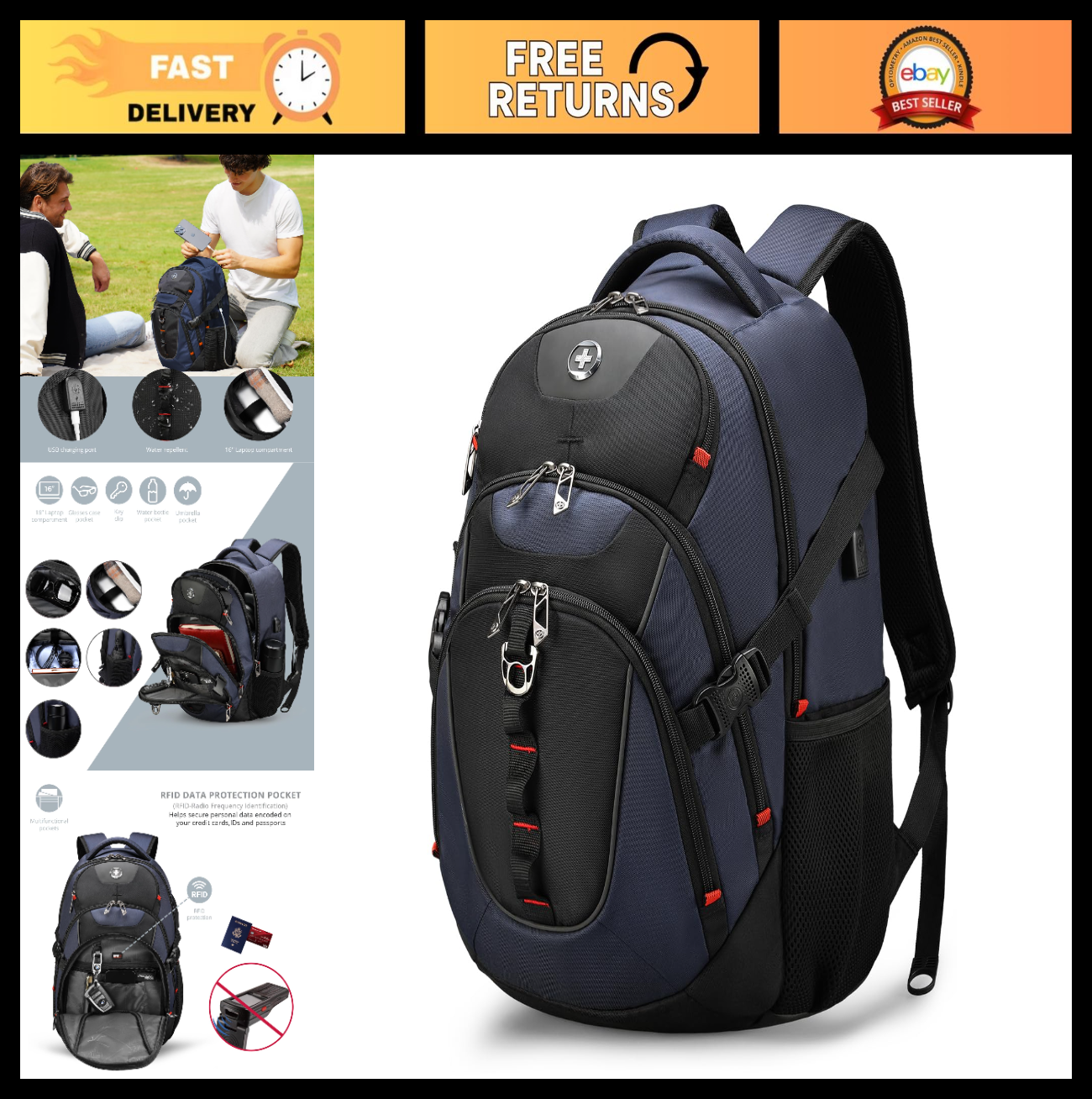 Travel Laptop Backpack with USB Charging Port, Fits 15.6" Computer, 31L College0
