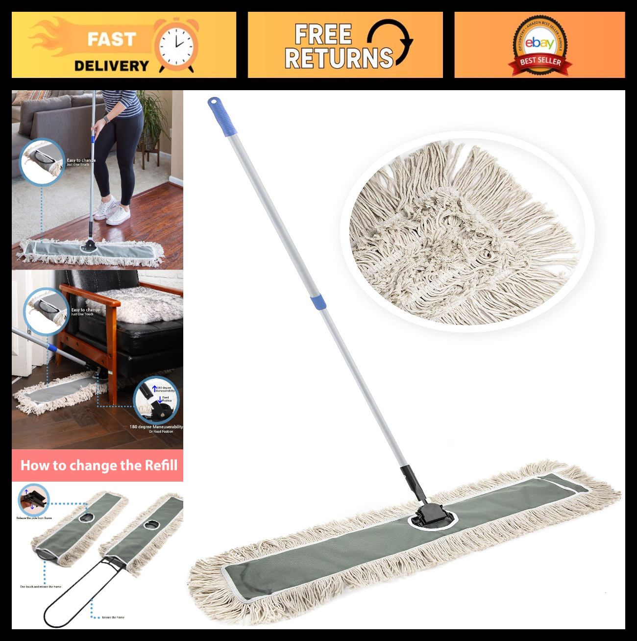 36" Industrial Cotton Dust Mop with Adjustable Handle - Commercial Floor Cleaner0