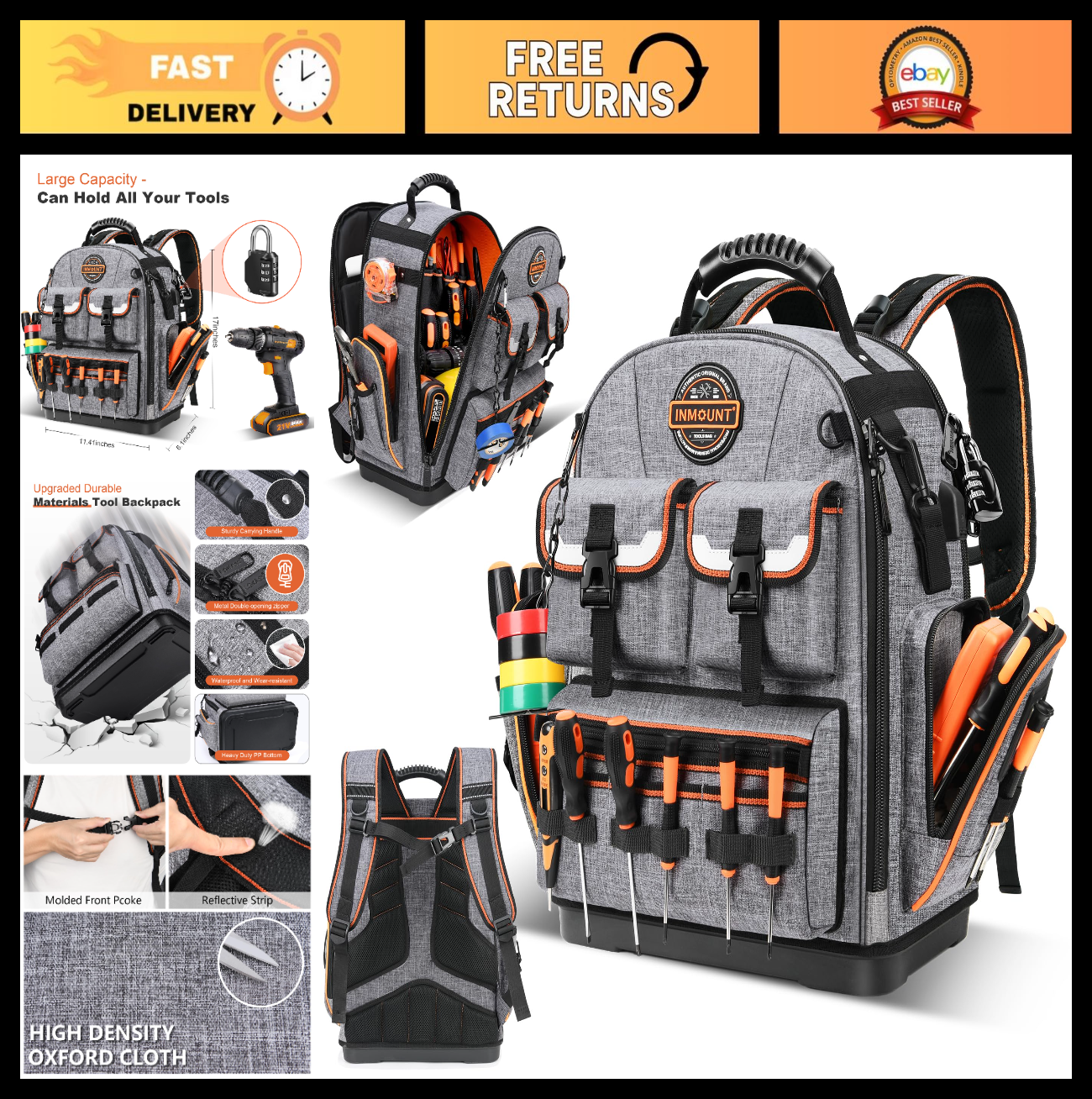 Heavy Duty Tool Backpack 18.5"   56 Pockets, Molded Bottom, Gray Storage Bag0