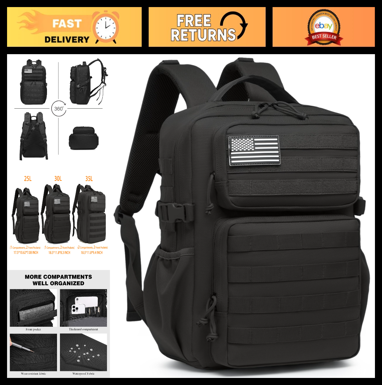Waterproof Military Tactical Backpack   3 Day Assault Pack, Molle Daypack with W0