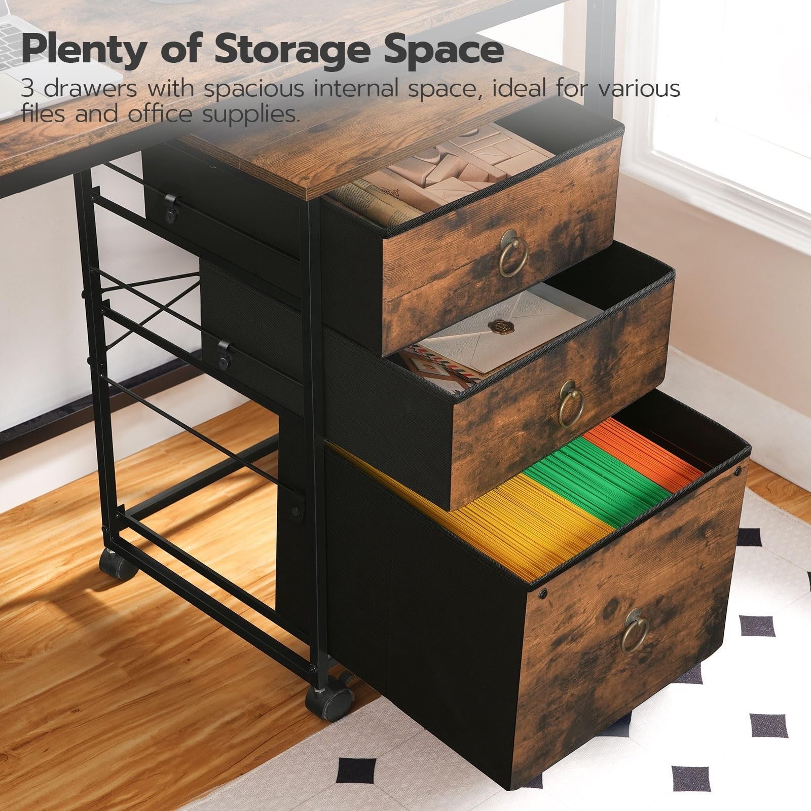 Mobile File Cabinet with 3 Drawers, Rolling Under Desk Cart for Home Office, Rus6