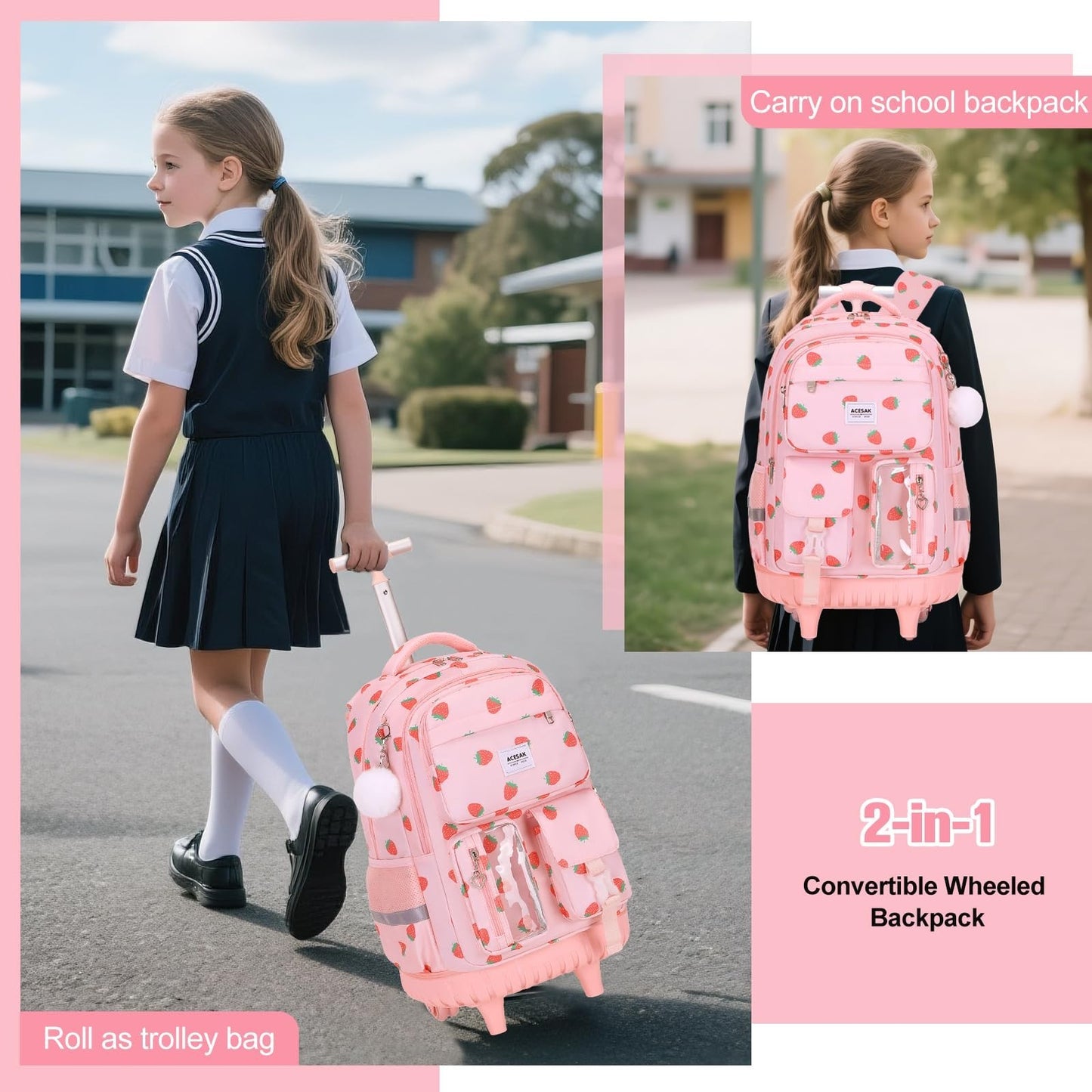 Rolling Backpack for Girls with Lunch Bag & Pencil Pouch   Wheeled Bookbag for S6