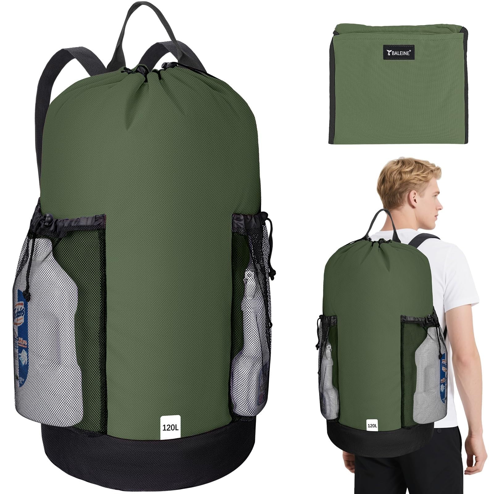 120L Large Laundry Backpack Bag - Durable 900D Oxford Fabric, Mesh Pockets, Trav1