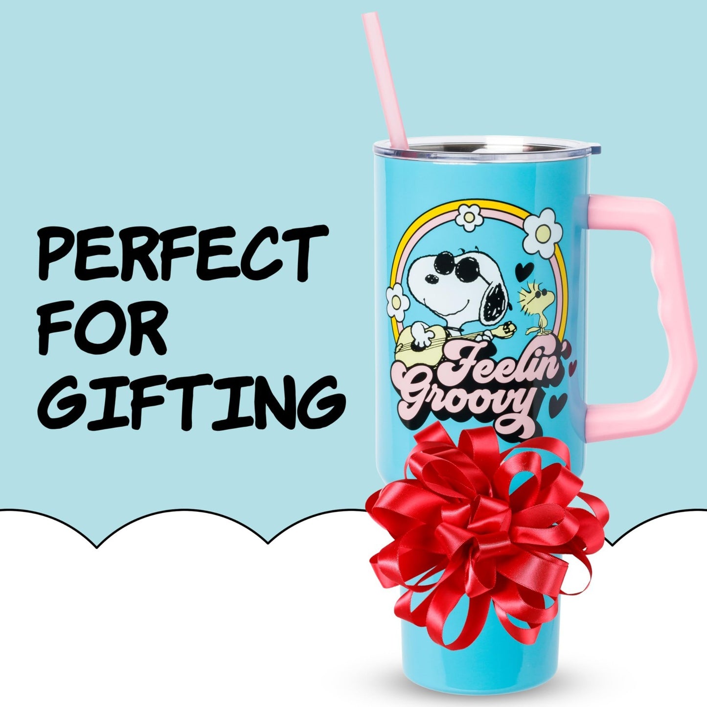 40oz Double Walled Stainless Steel Tumbler with Handle & Straw   Snoopy & Woodst6