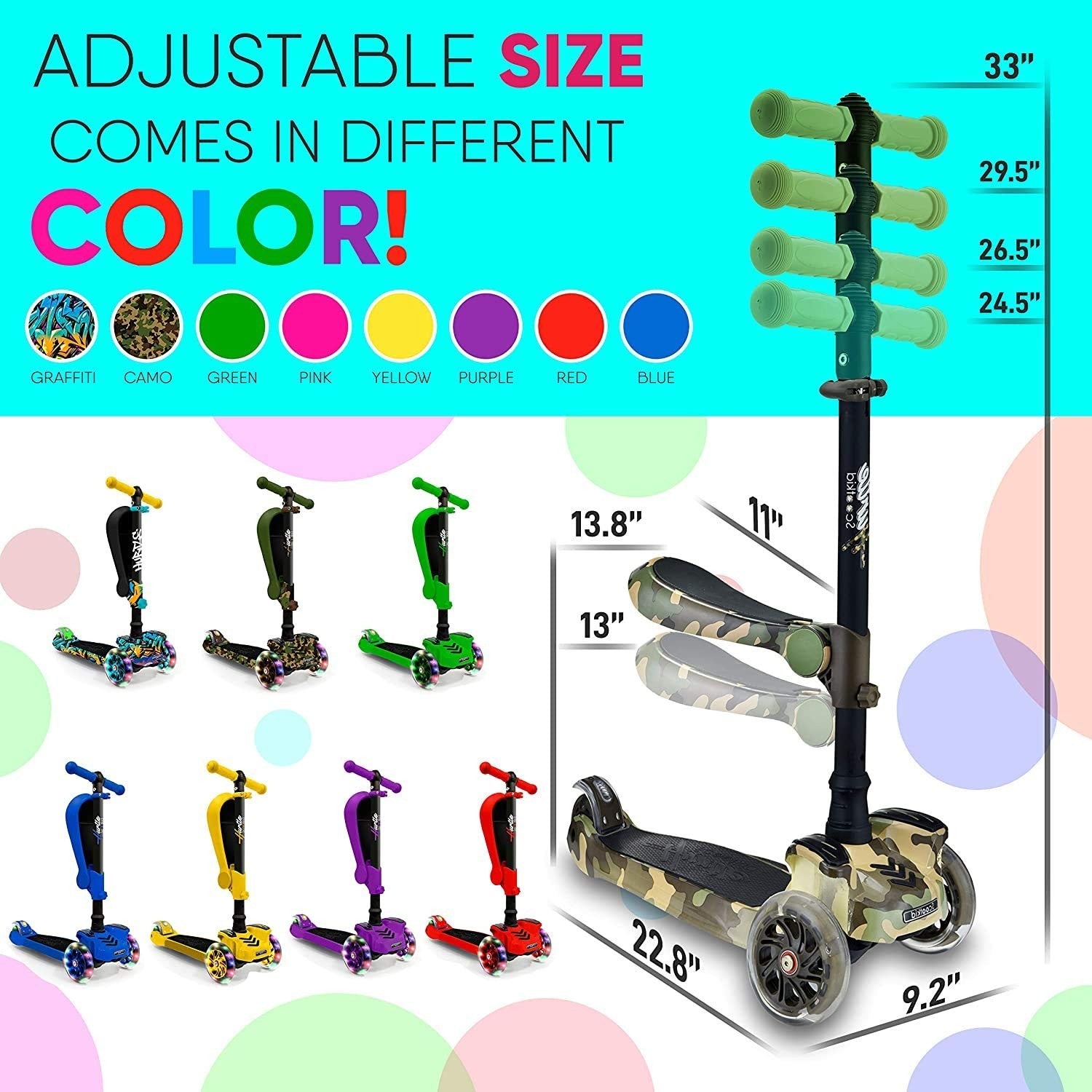 3-Wheeled Kids Scooter with LED Lights, Adjustable Handlebar, Foldable Seat - Si5