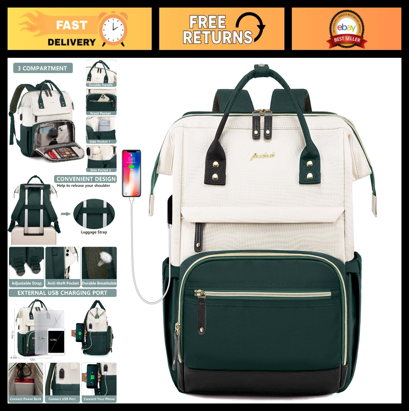 Stylish 17.3" Laptop Backpack for Women   USB Charging, Anti Theft, Durable Dayp0