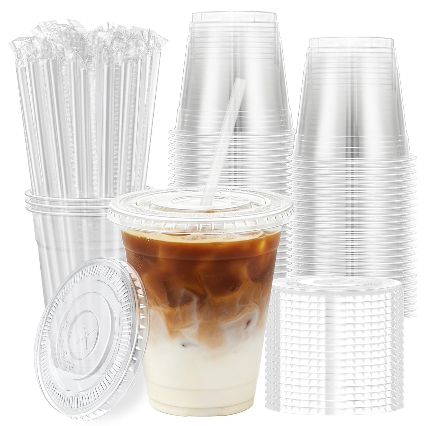 100 Pack 12 oz Clear Plastic Cups with Lids & Straws | Disposable Cold Drink Cup1